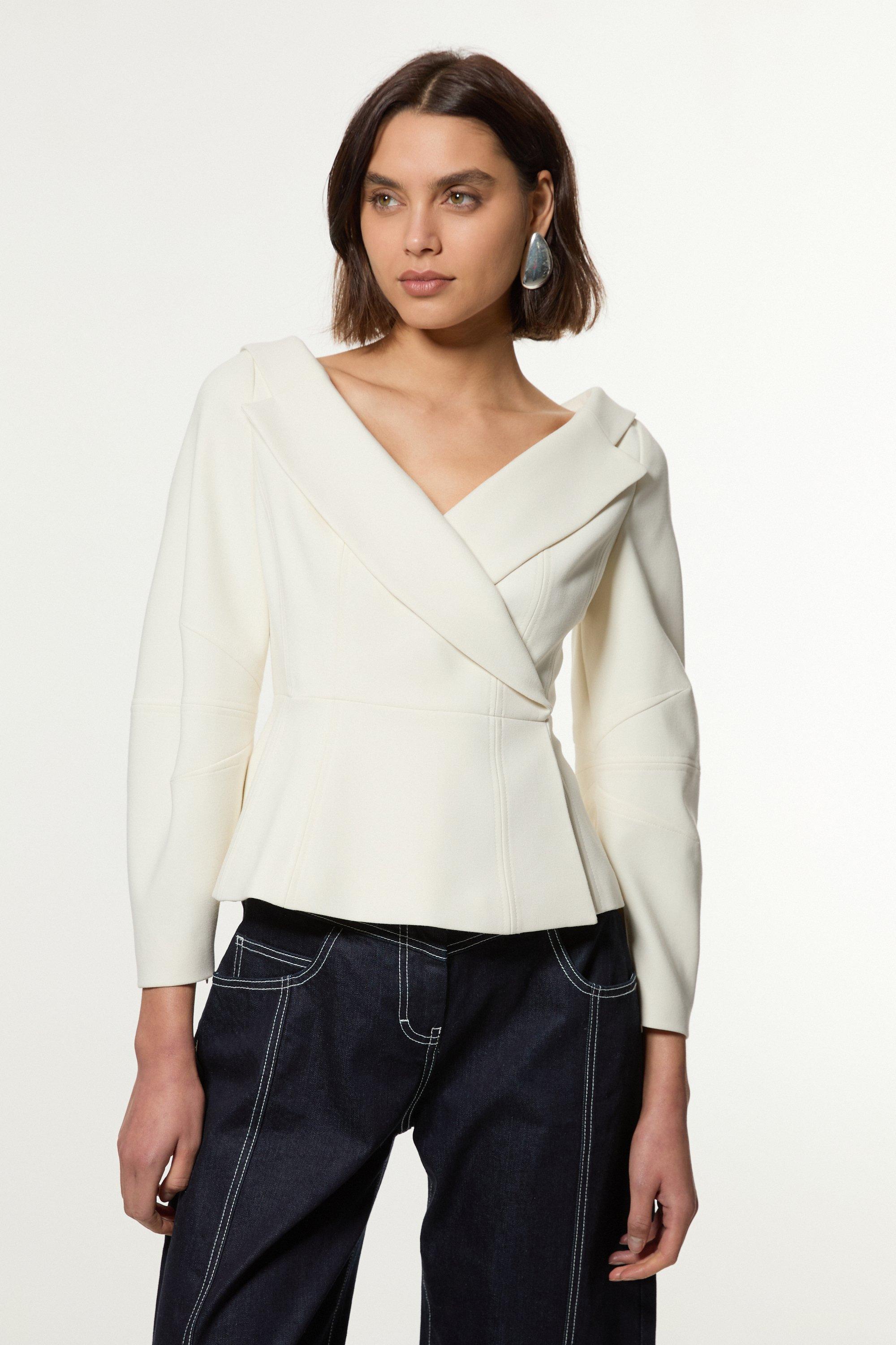 Compact Stretch Tailored Assymetric Peplum Jacket - Ivory