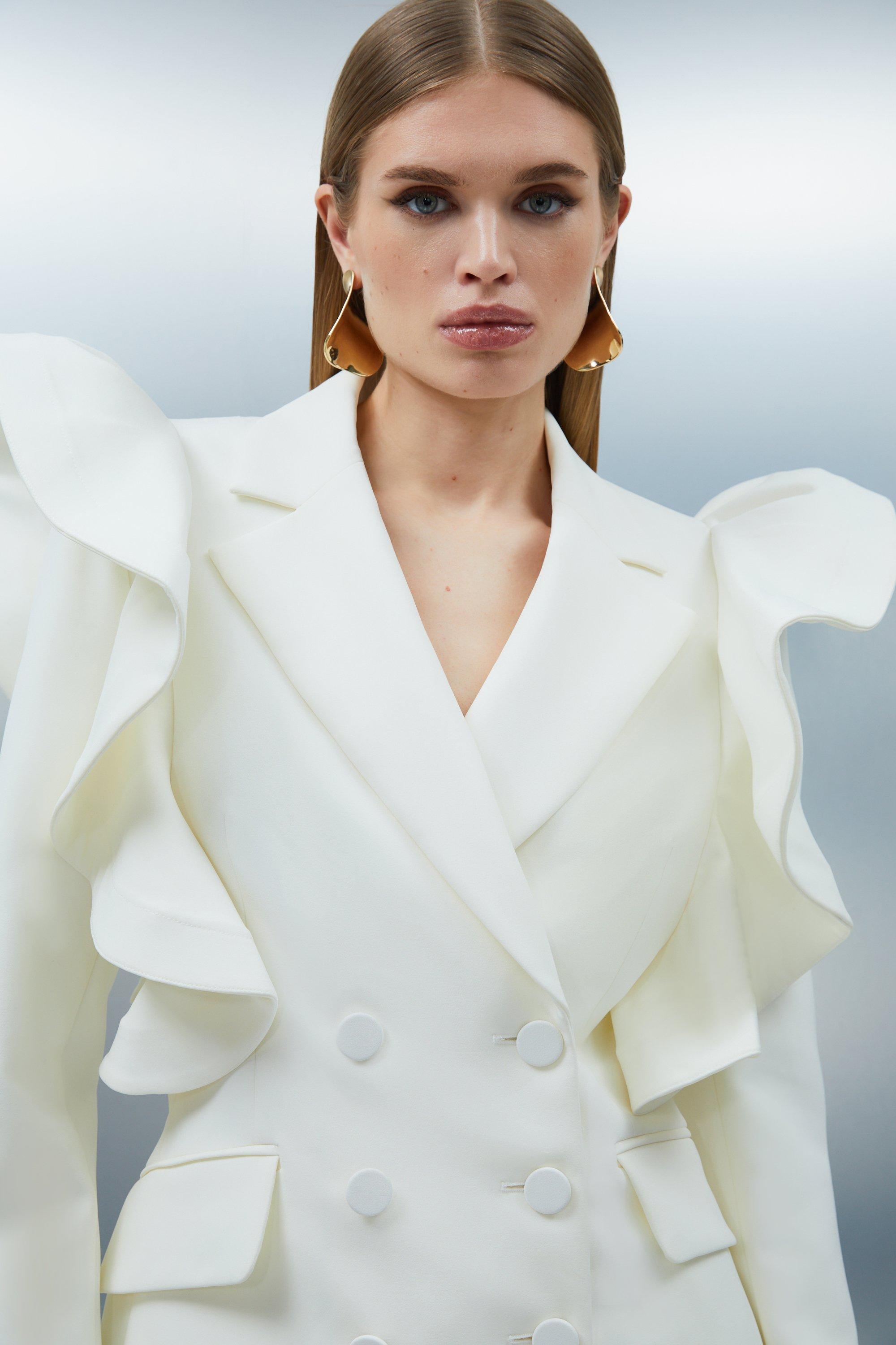 Tailored Drama Ruffle Double Breasted Blazer – Ivory