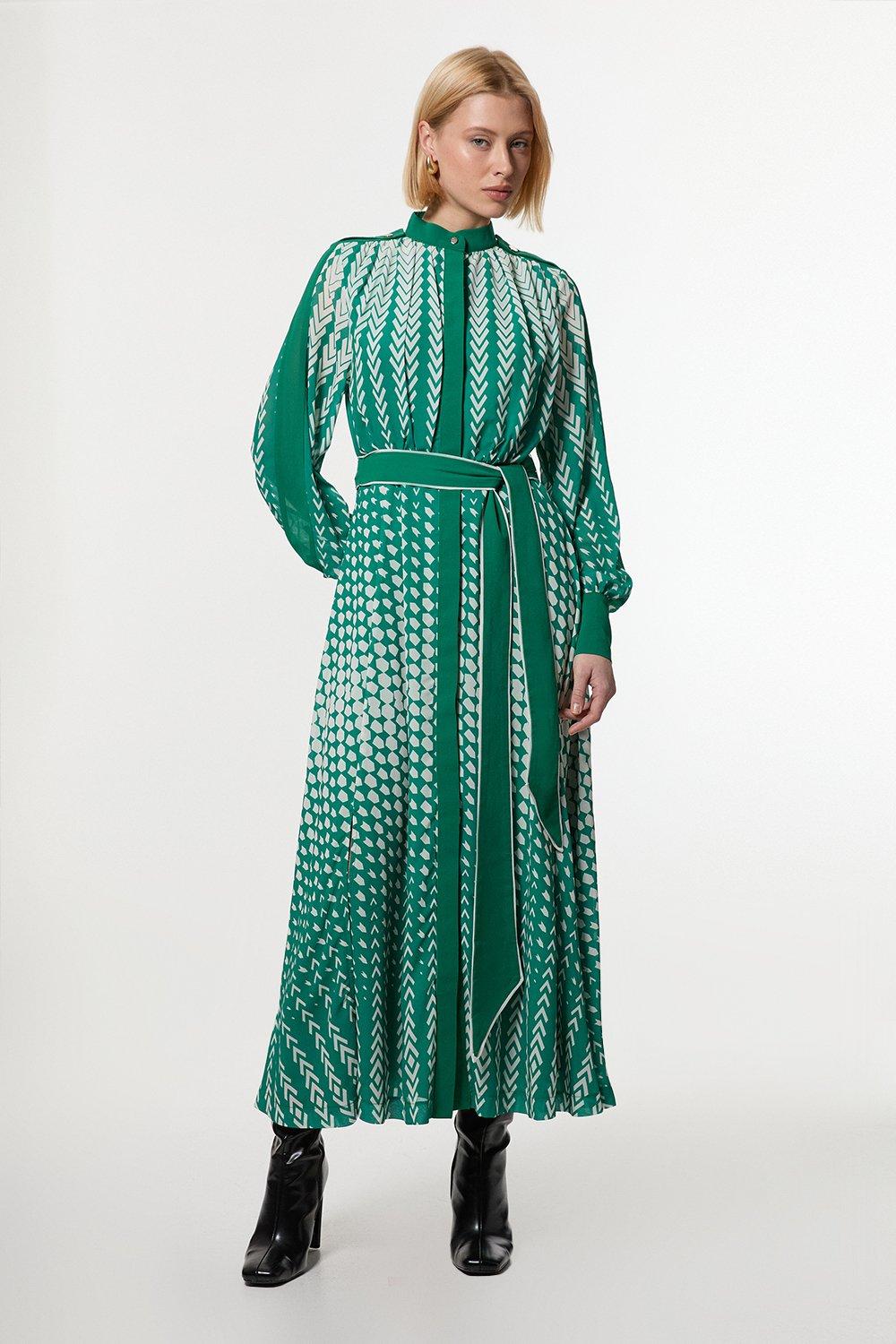 Tipped Border Print Georgette Maxi Dress - Green