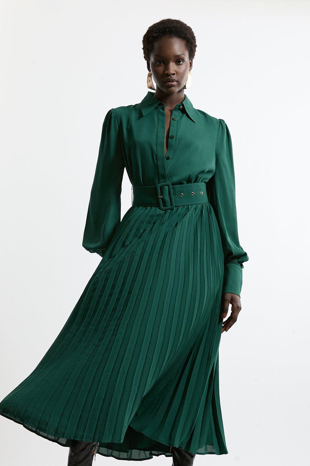 Pleated Woven Midaxi Shirt Dress With Belt - Green