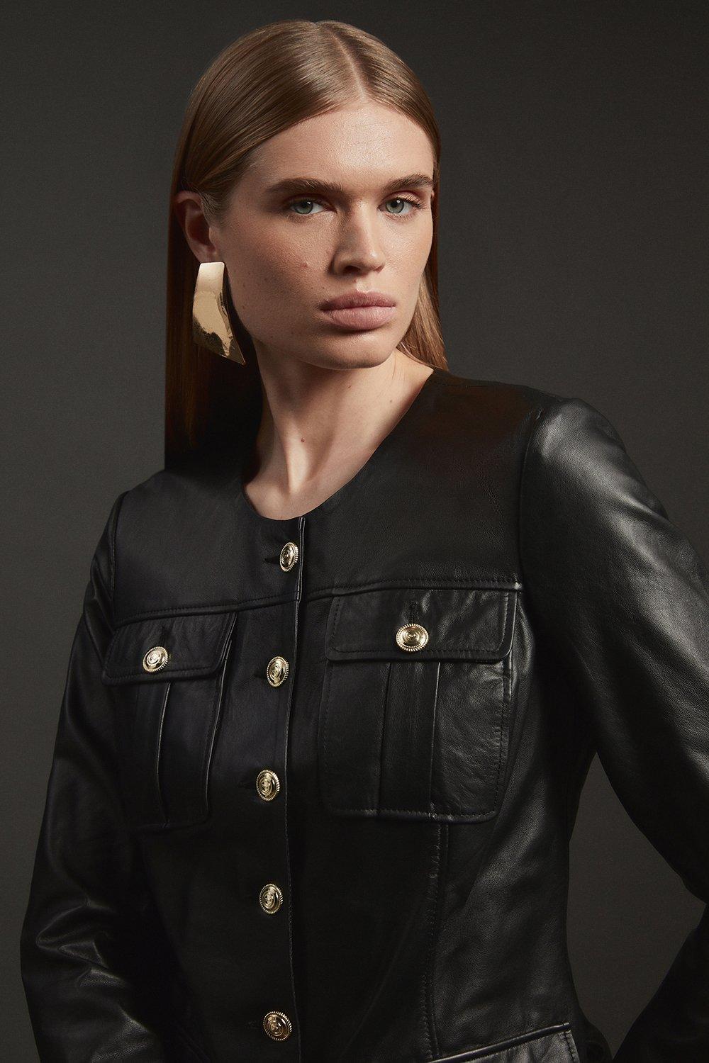 Leather Military Button Through Tailored Collarless Jacket - Black