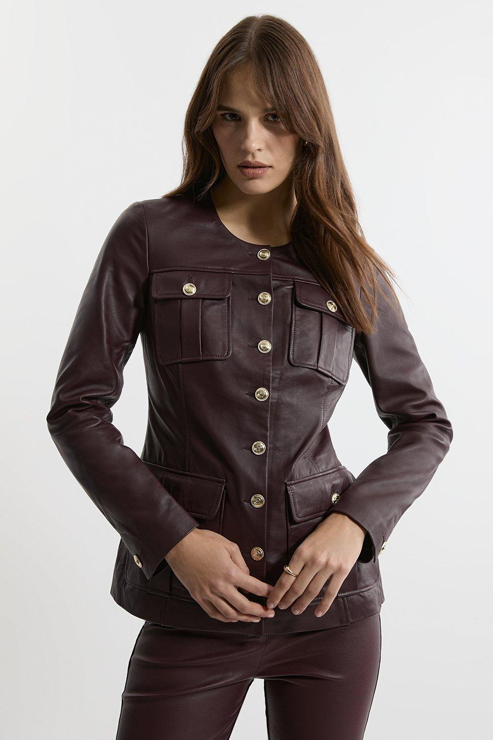 Leather Military Button Through Tailored Collarless Jacket - Red