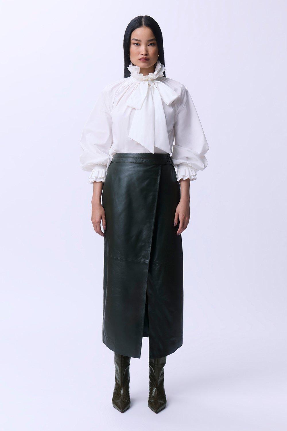 Leather Double Waistband A-Line Midi Skirt - Green