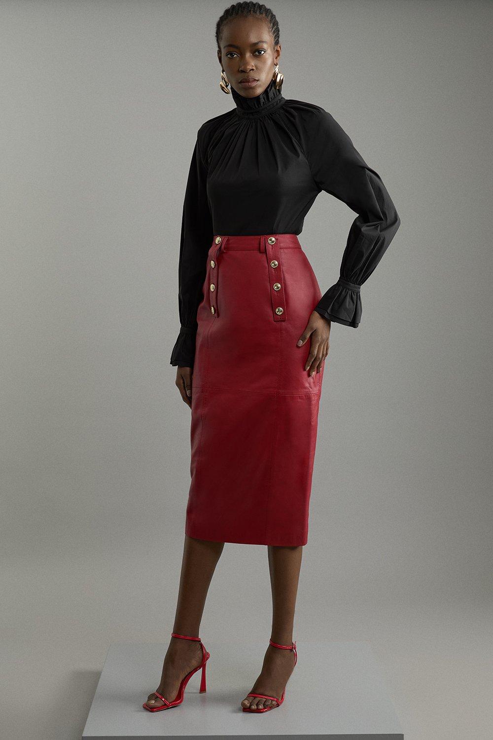 Leather Military Button Pencil Midi Skirt - Red