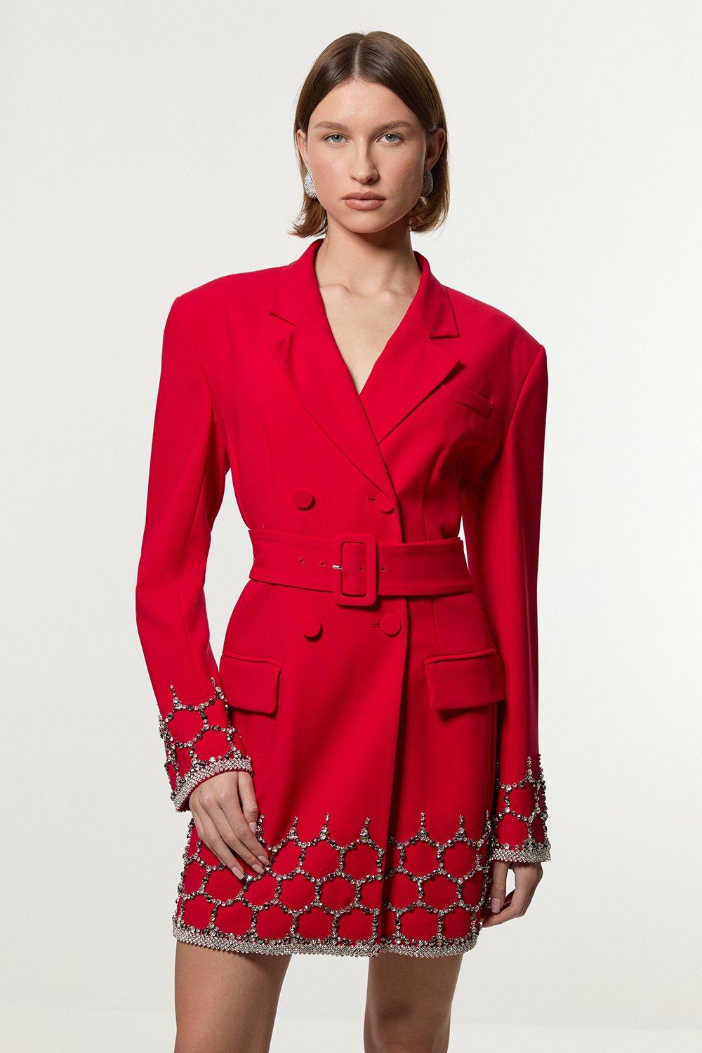 Crystal Embellished Tailored Blazer Mini Dress - Red