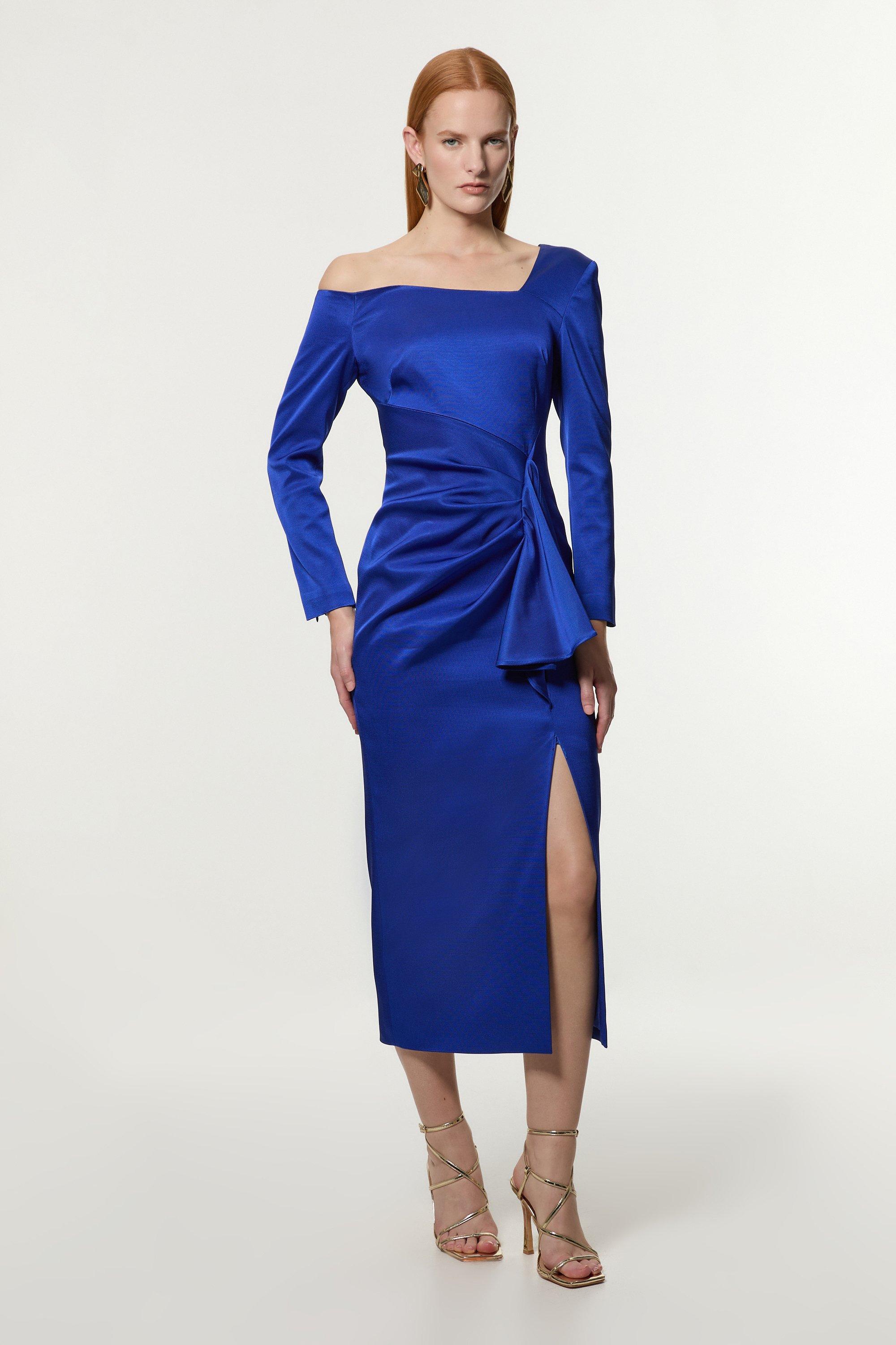 Tall Italian Structured Rib Asymmetric Neckline Draped Tailored Maxi Dress - Blue