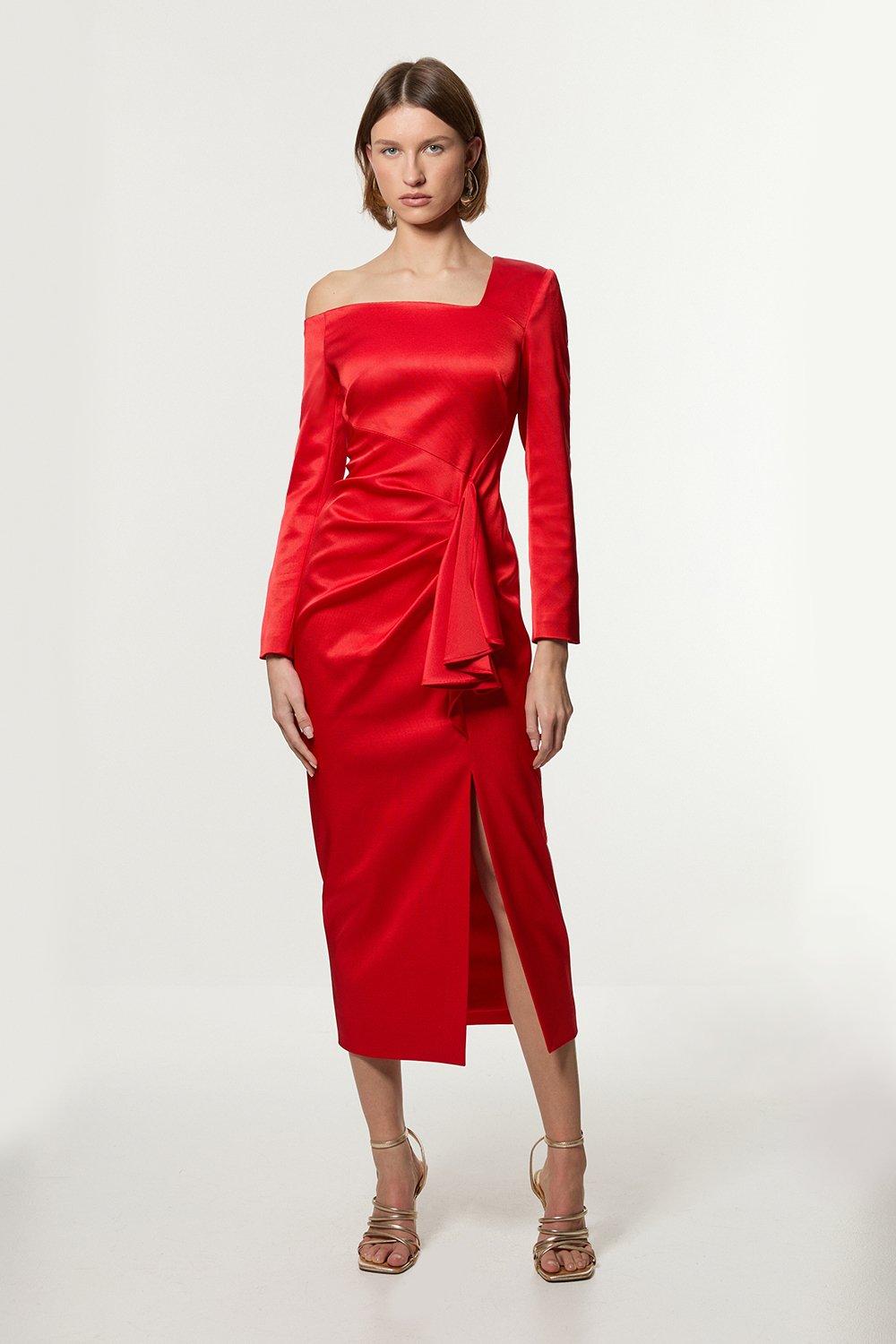 Italian Structured Rib Asymmetric Neckline Draped Tailored Maxi Dress - Red