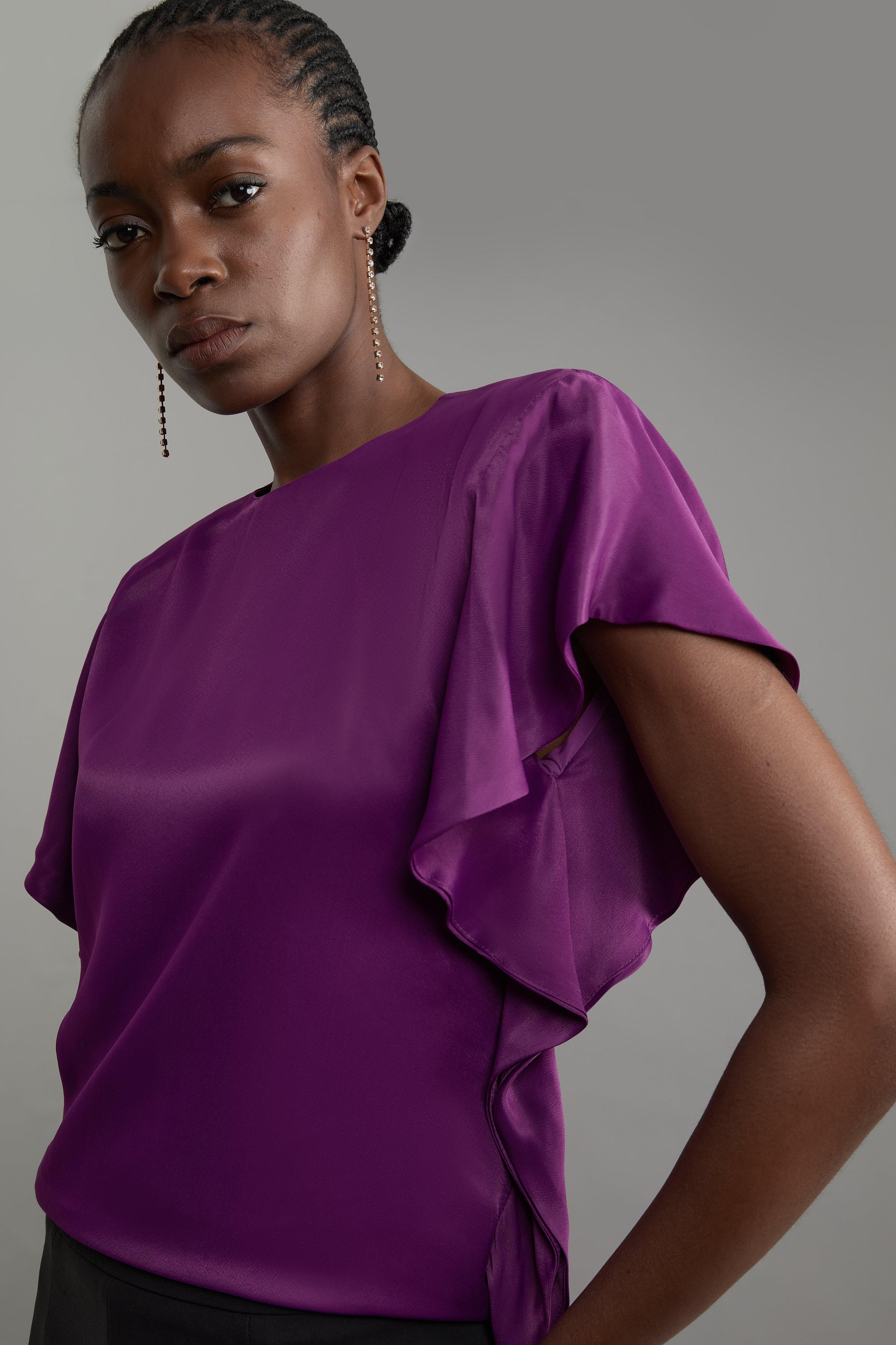 Satin Draped Sleeve Woven Top - Purple