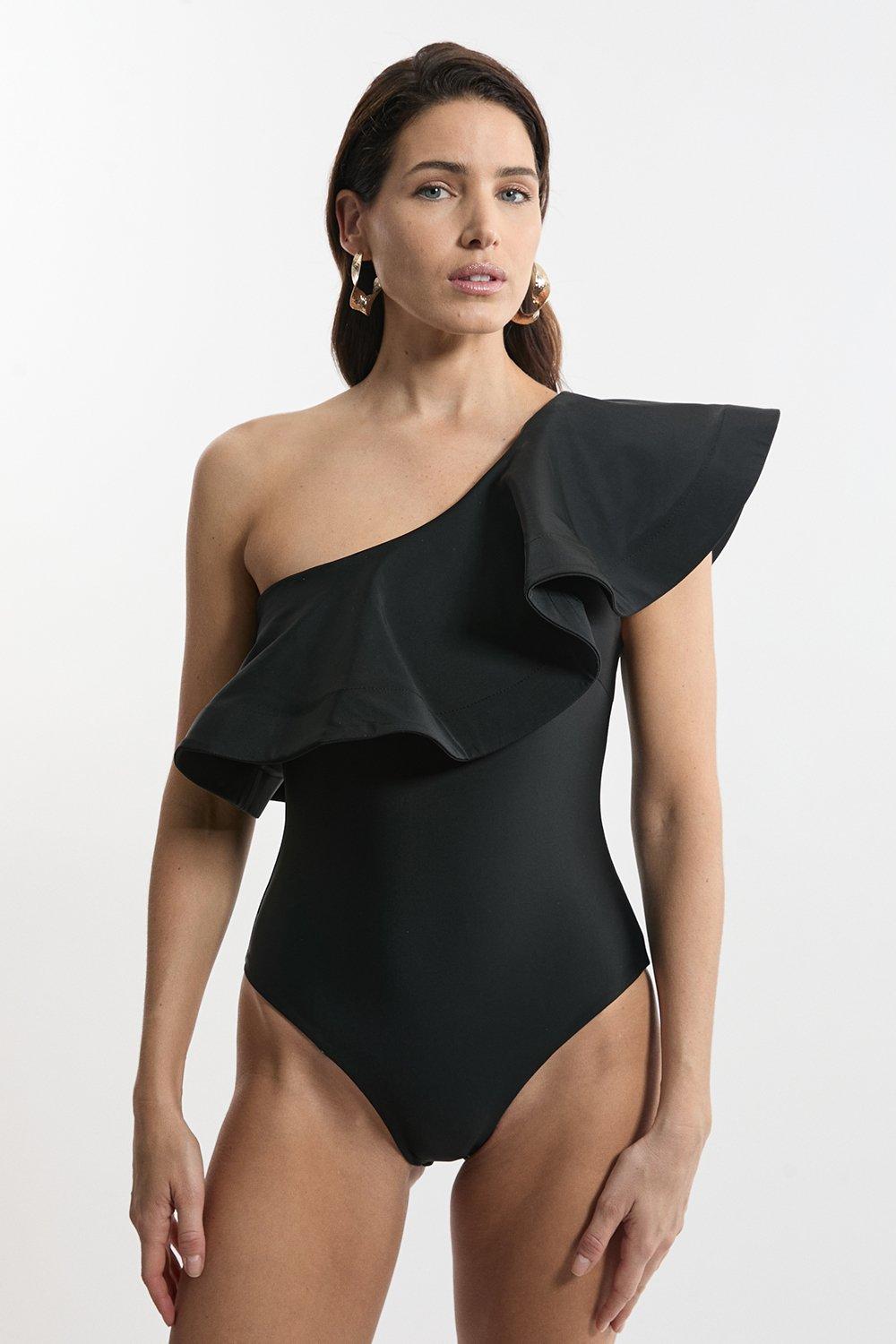 Drama Ruffle One Shoulder Swimsuit - Black