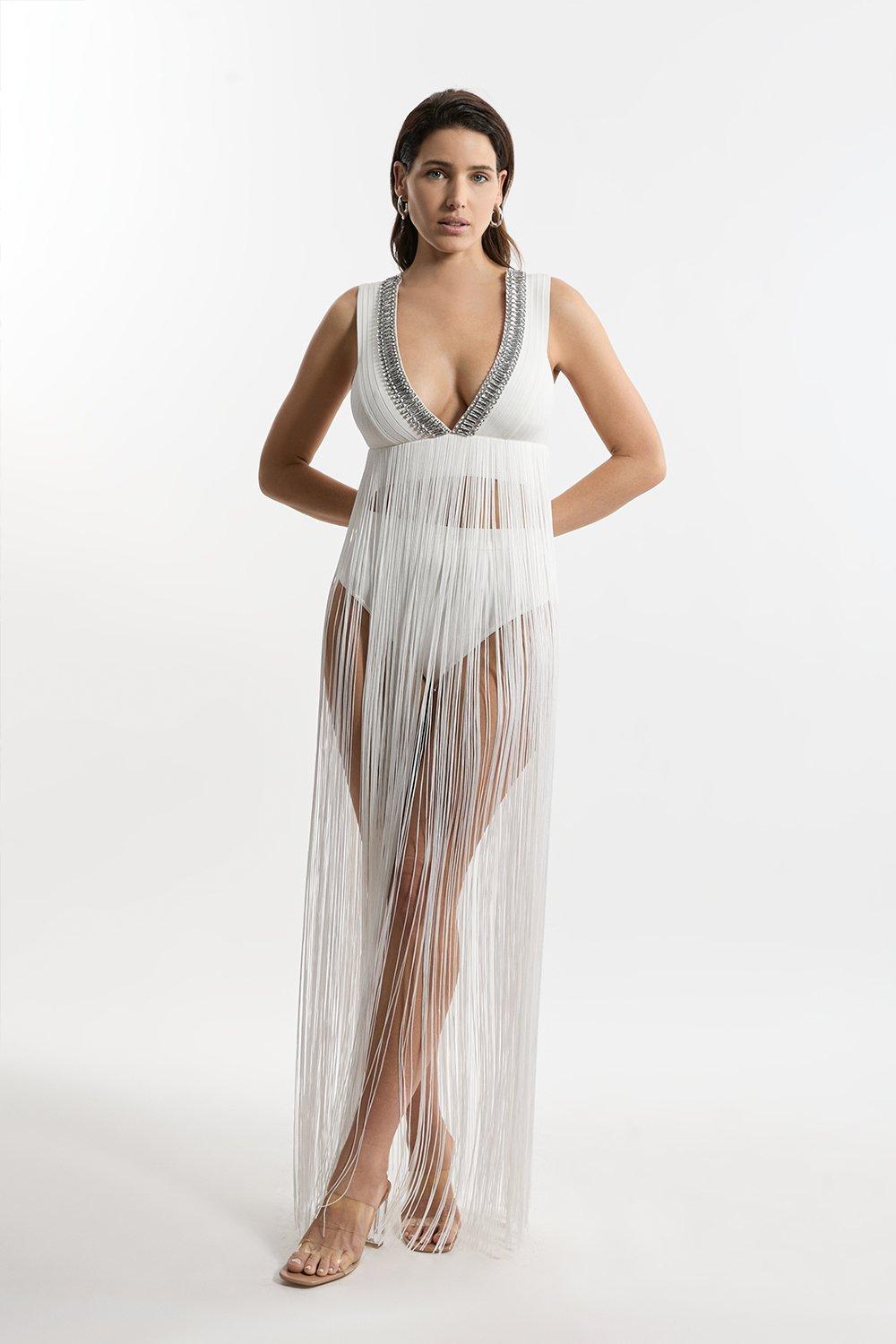 Bandage Embellished And Fringe Bikini Top - Cream
