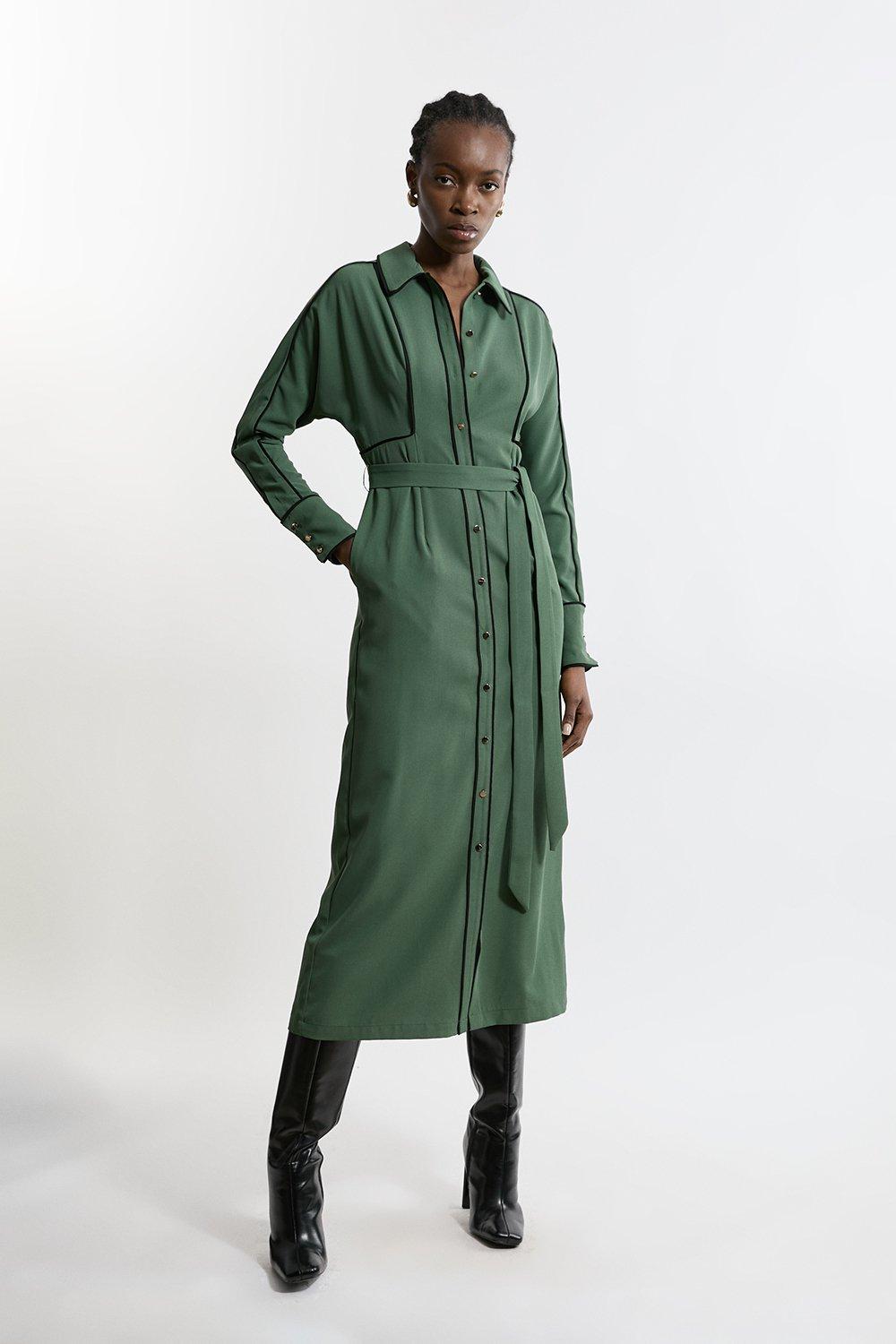 Petite Twill Midaxi Woven Shirt Dress With Belt - Khaki/Green