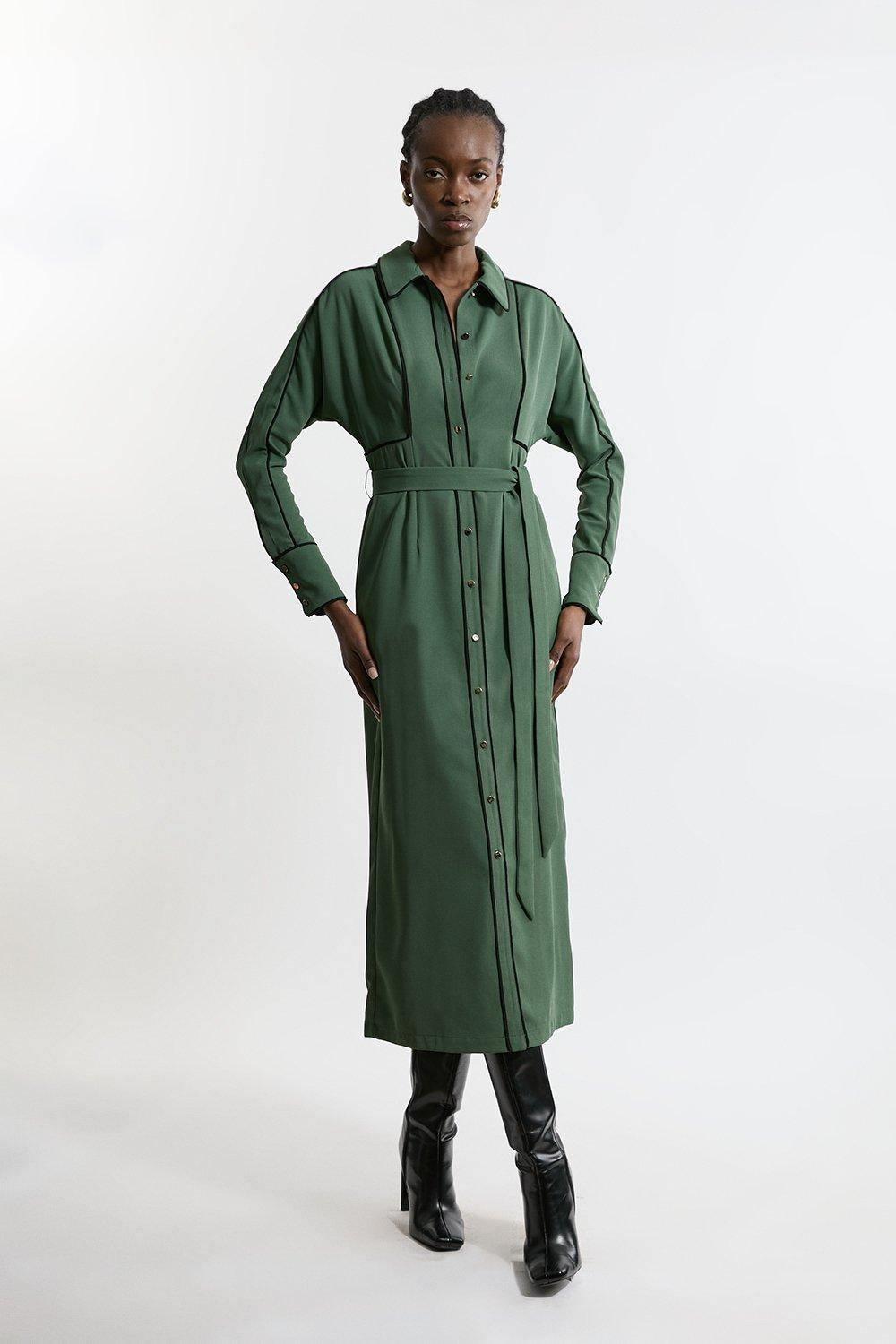 Twill Midaxi Woven Shirt Dress With Belt - Khaki/Green