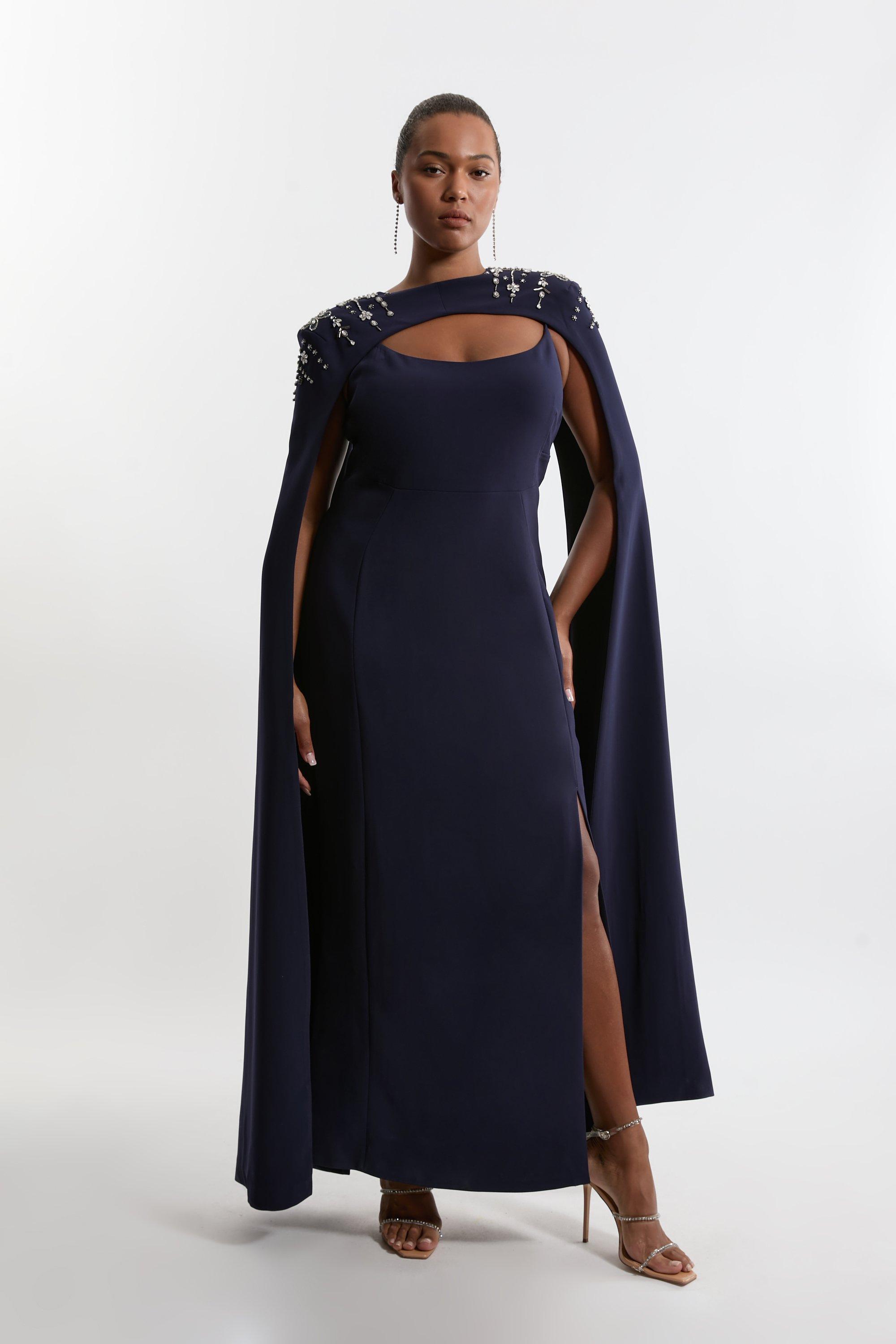 Plus Size Crystal Embellished Viscose Crepe Maxi Dress With Detachable Cape - Navy