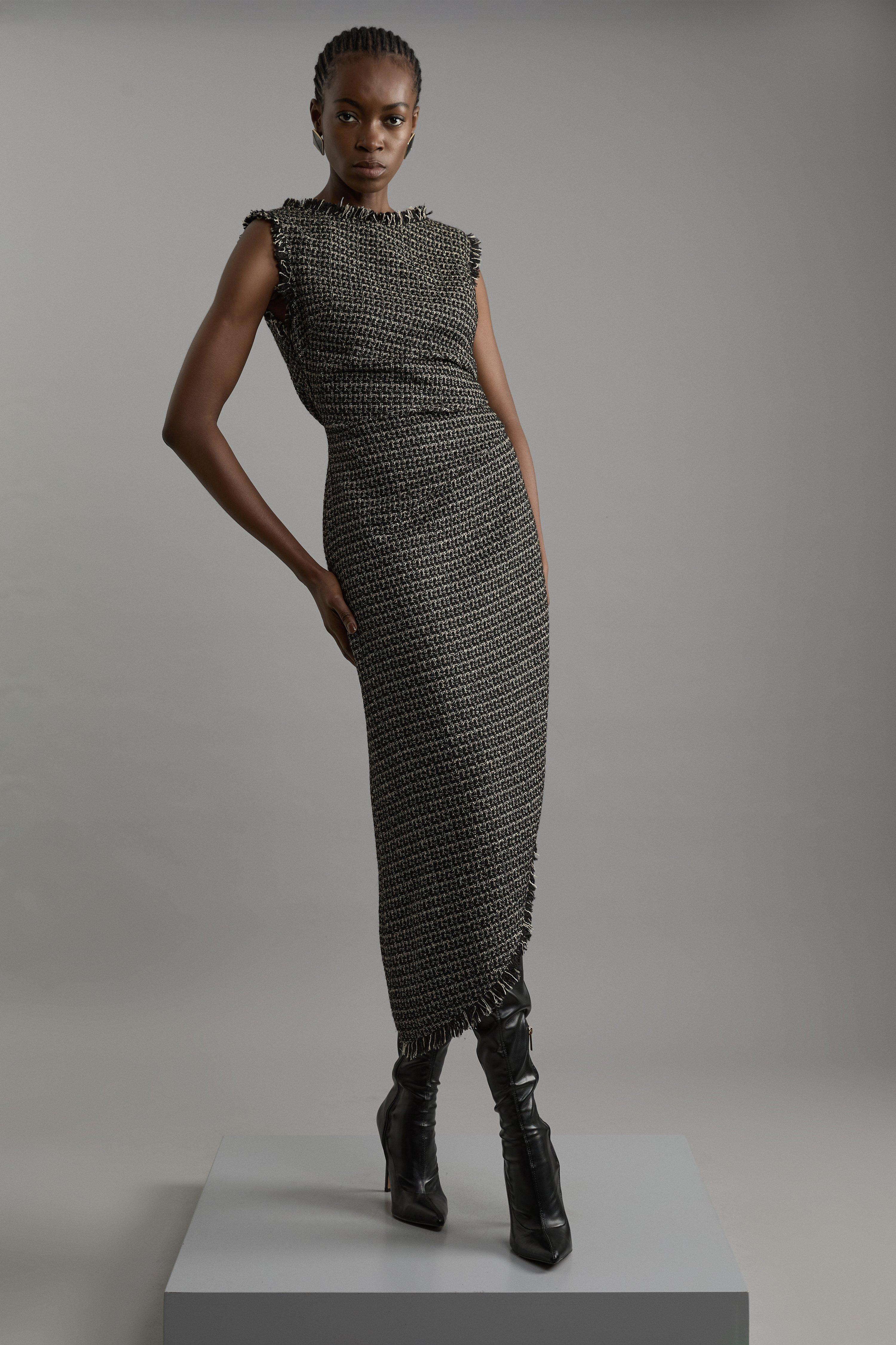 Metallic Boucle Tailored Ruched Midi Dress - Black