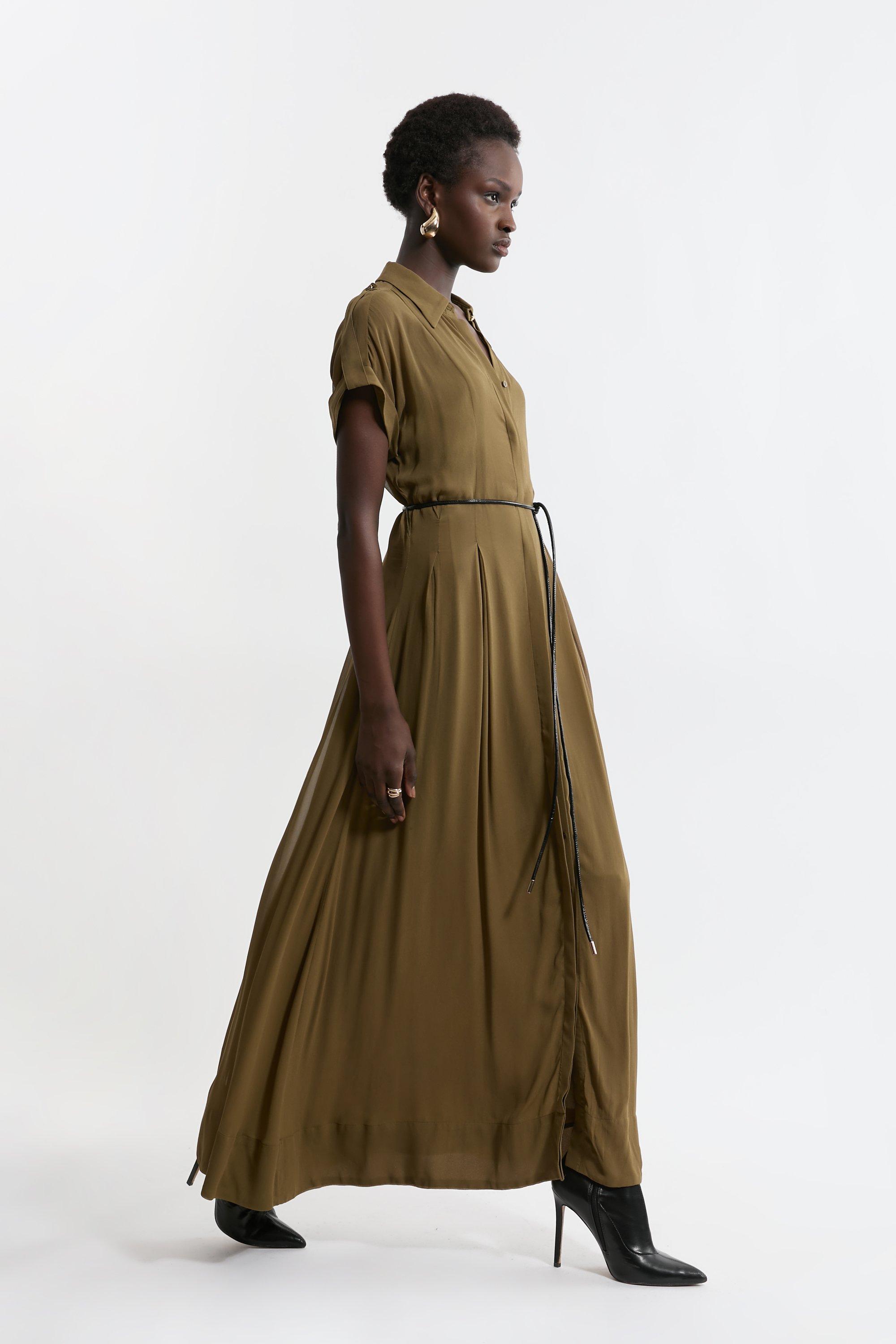 Tall Pleated Woven Viscose Maxi Shirt Dress - Khaki/Green