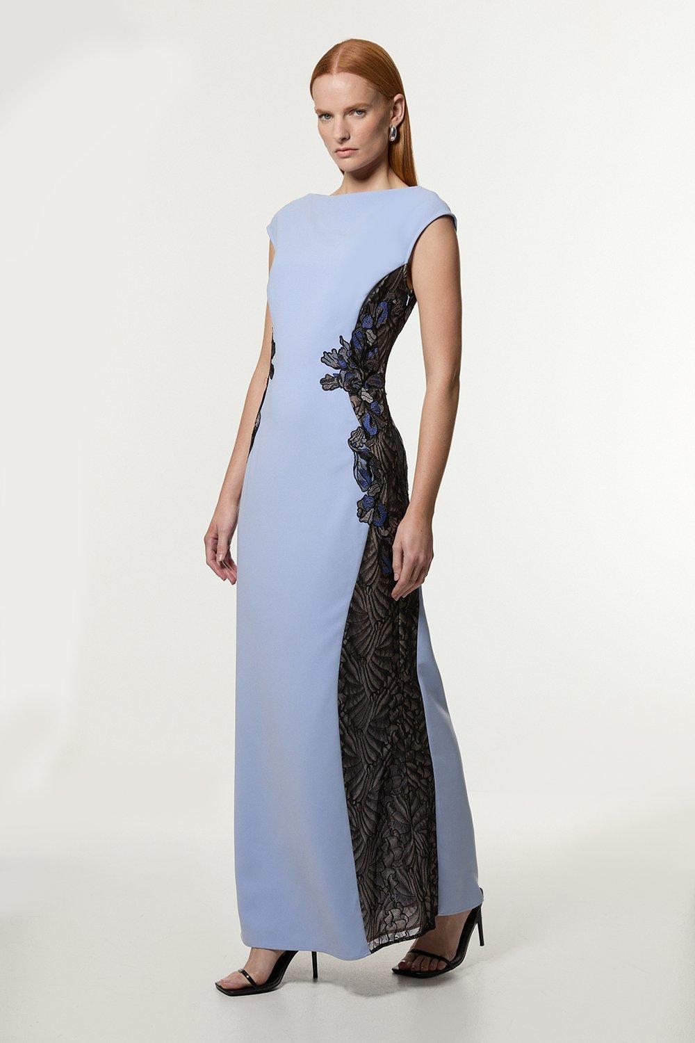 Lace Applique Contrast Sleeveless Tailored Maxi Dress - Pale Blue