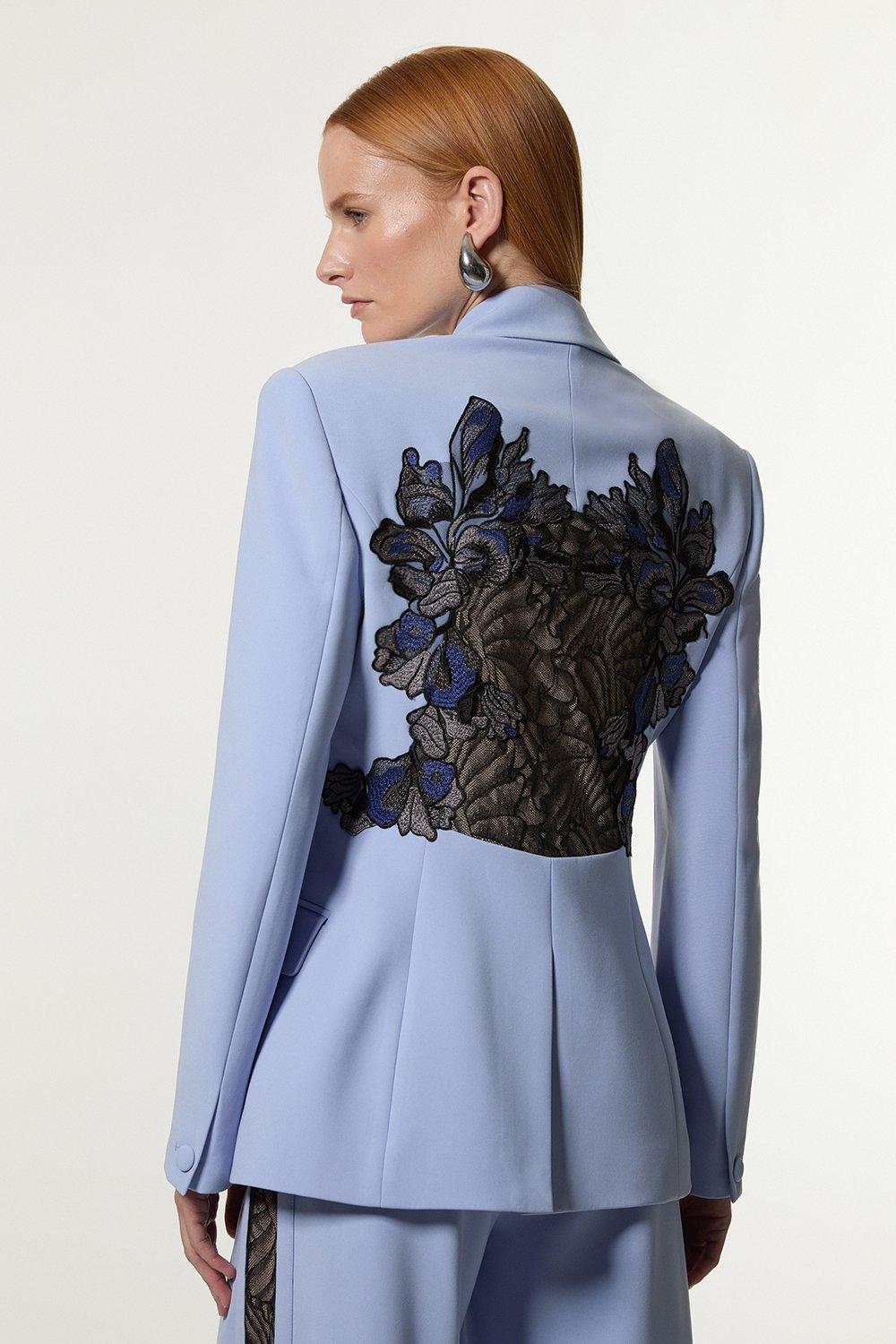 Lace Applique Contrast Tailored Tuxedo Jacket - Pale Blue