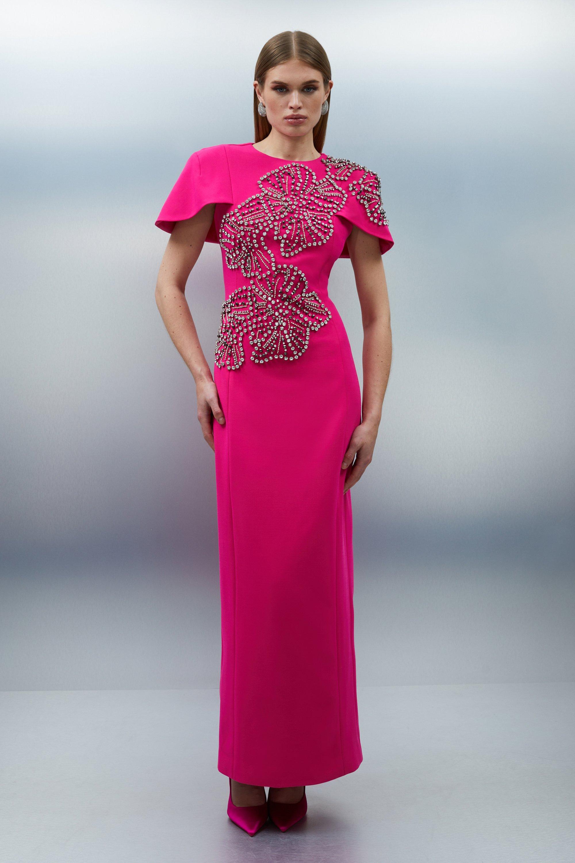 Placed Floral Crystal Embellished Tailored Cape Maxi Dress - Pink