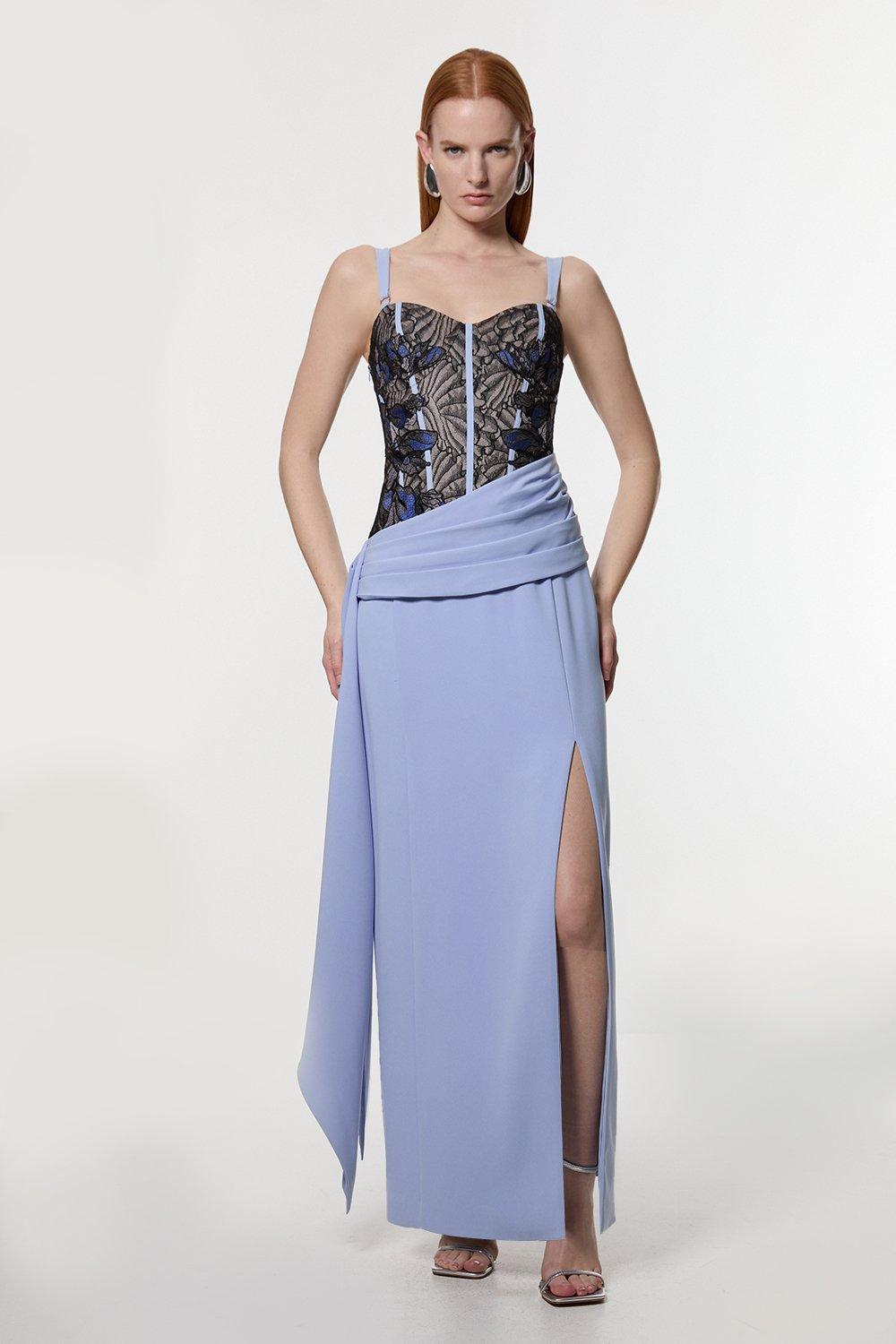 Lace Applique Contrast Corseted Tailored Maxi Dress – Pale Blue