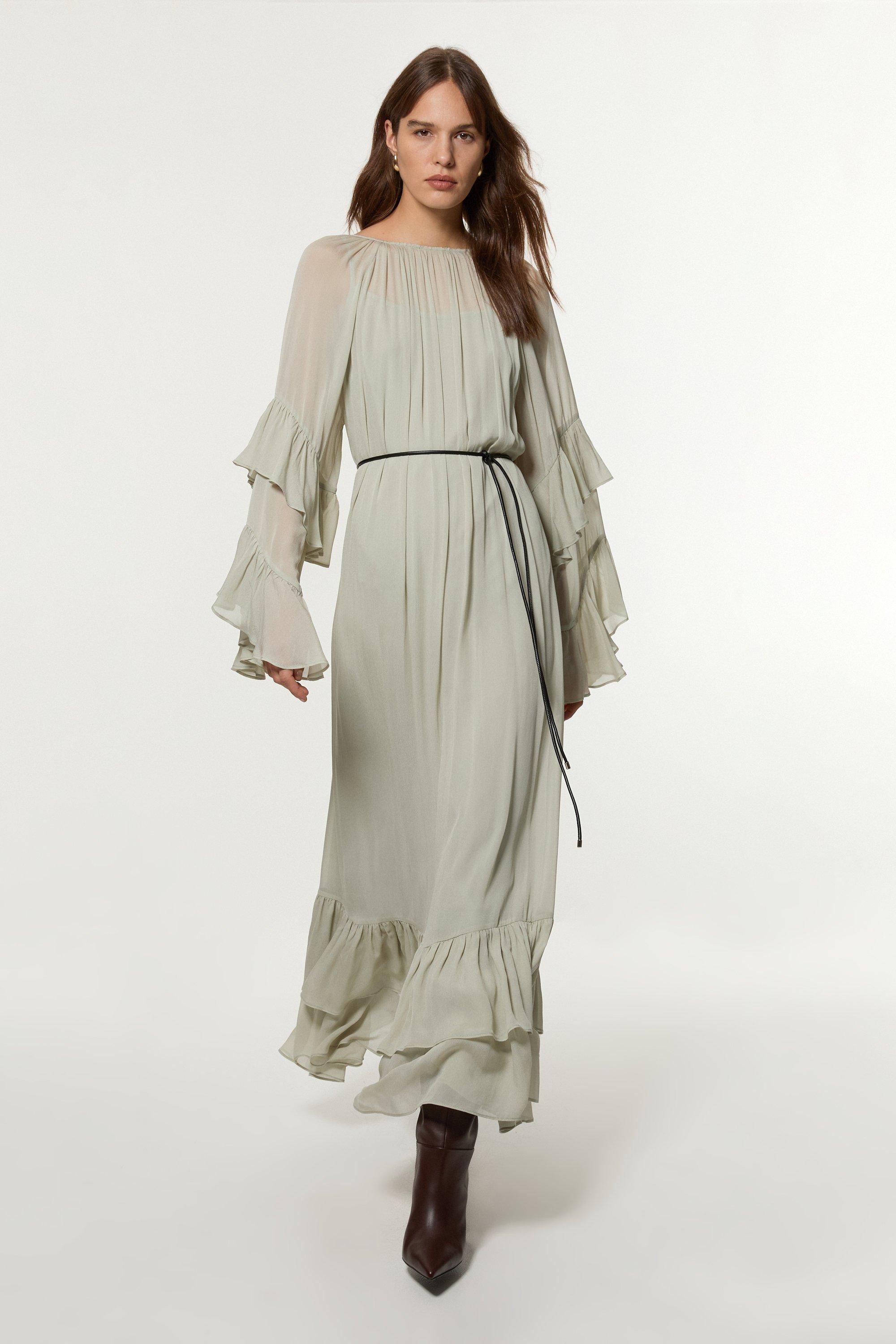 Drama Kimono Viscose Georgette Woven Maxi Dress With PU Belt - Sage