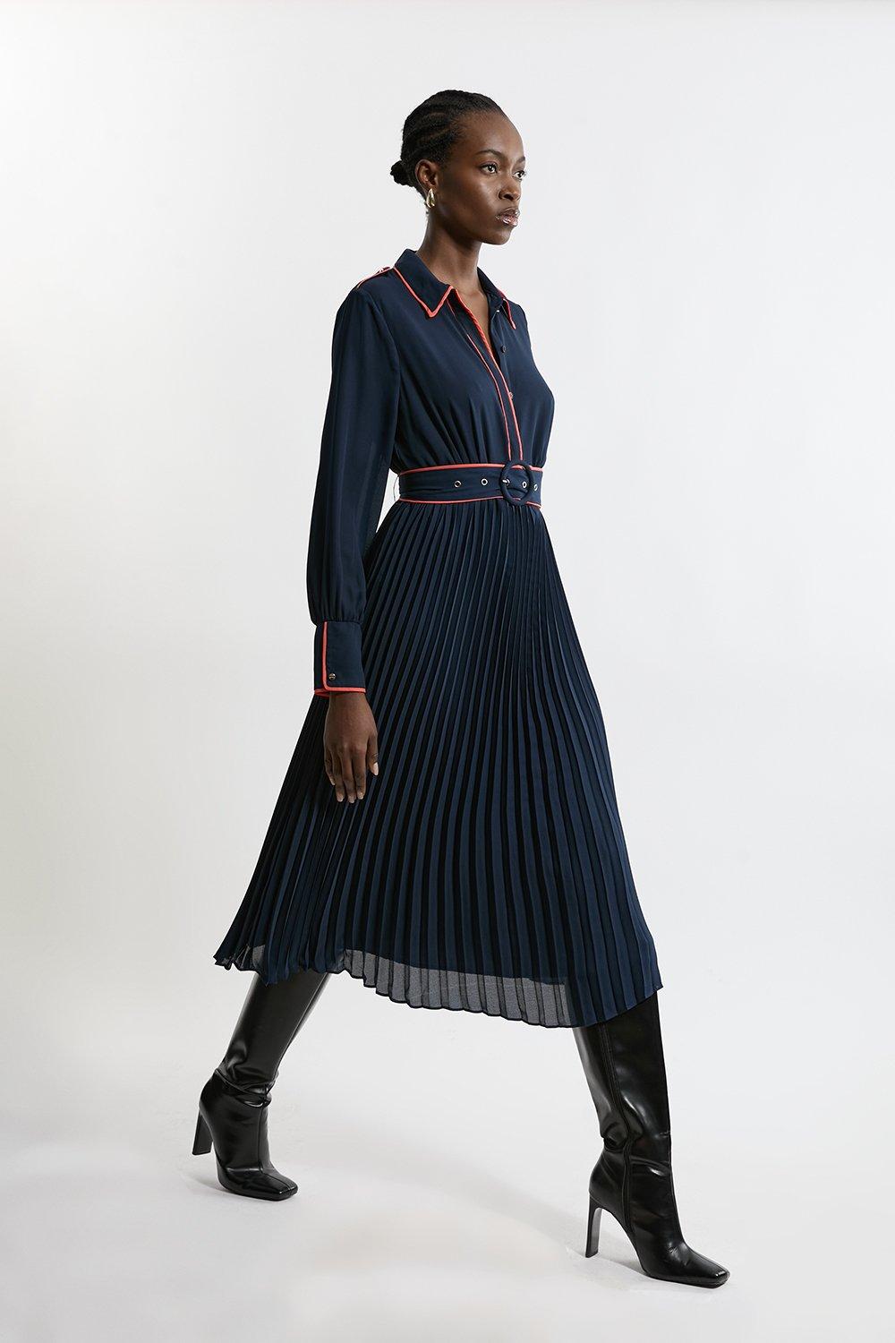 Georgette Pleated Piping Detail Woven Belted Maxi Dress - Navy