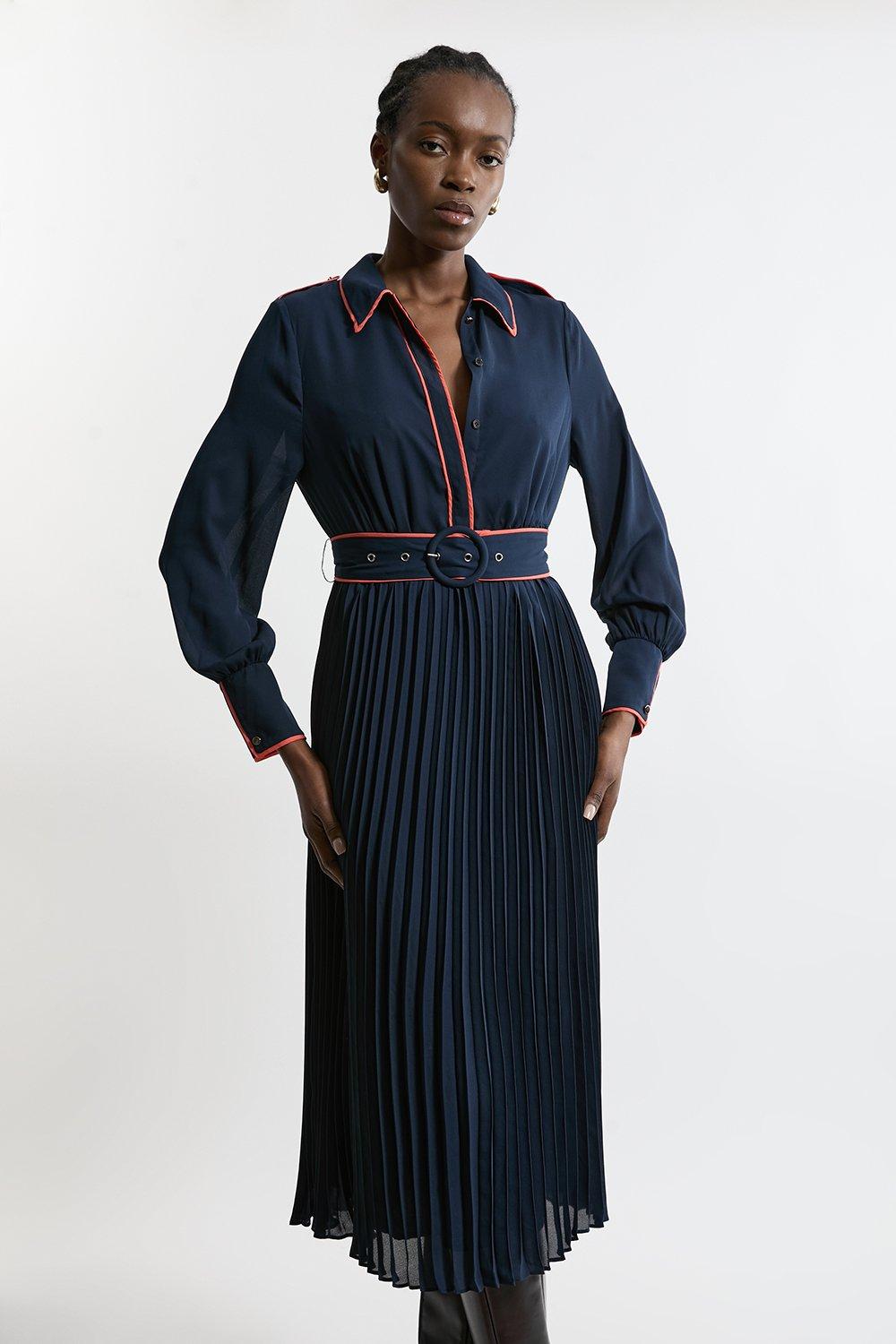 Petite Military Belted Woven Shirt Midaxi Dress - Navy