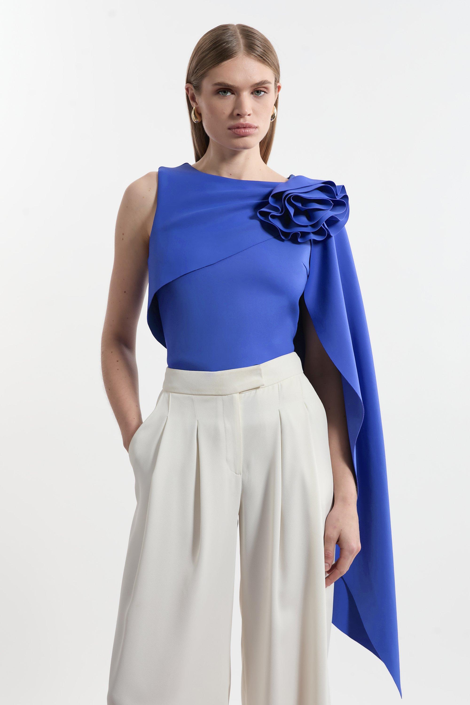 Tall Scuba Drama Ruffle Rosette Top - Blue