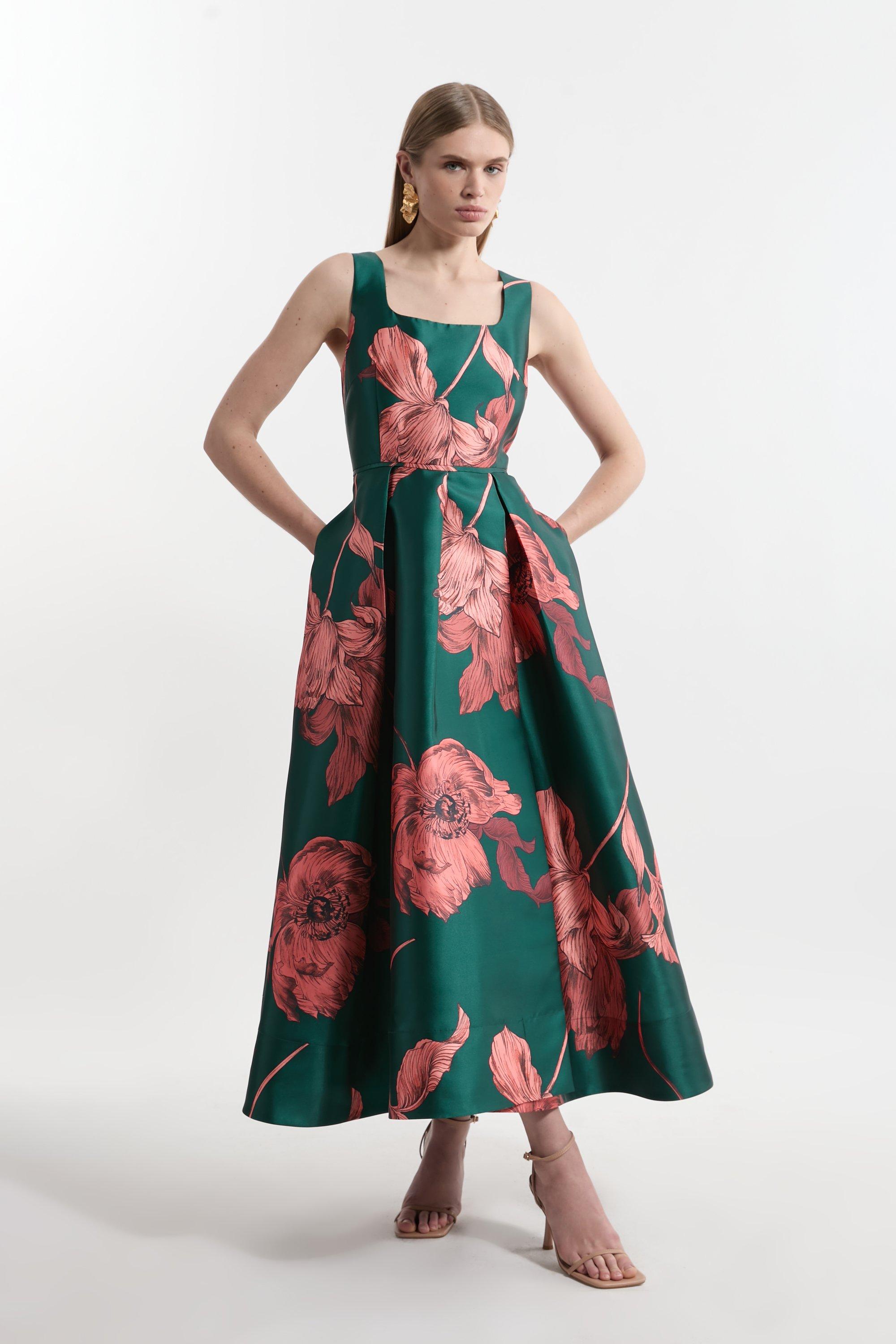 Floral Jacquard Twill Corseted Woven Maxi Dress – Floral