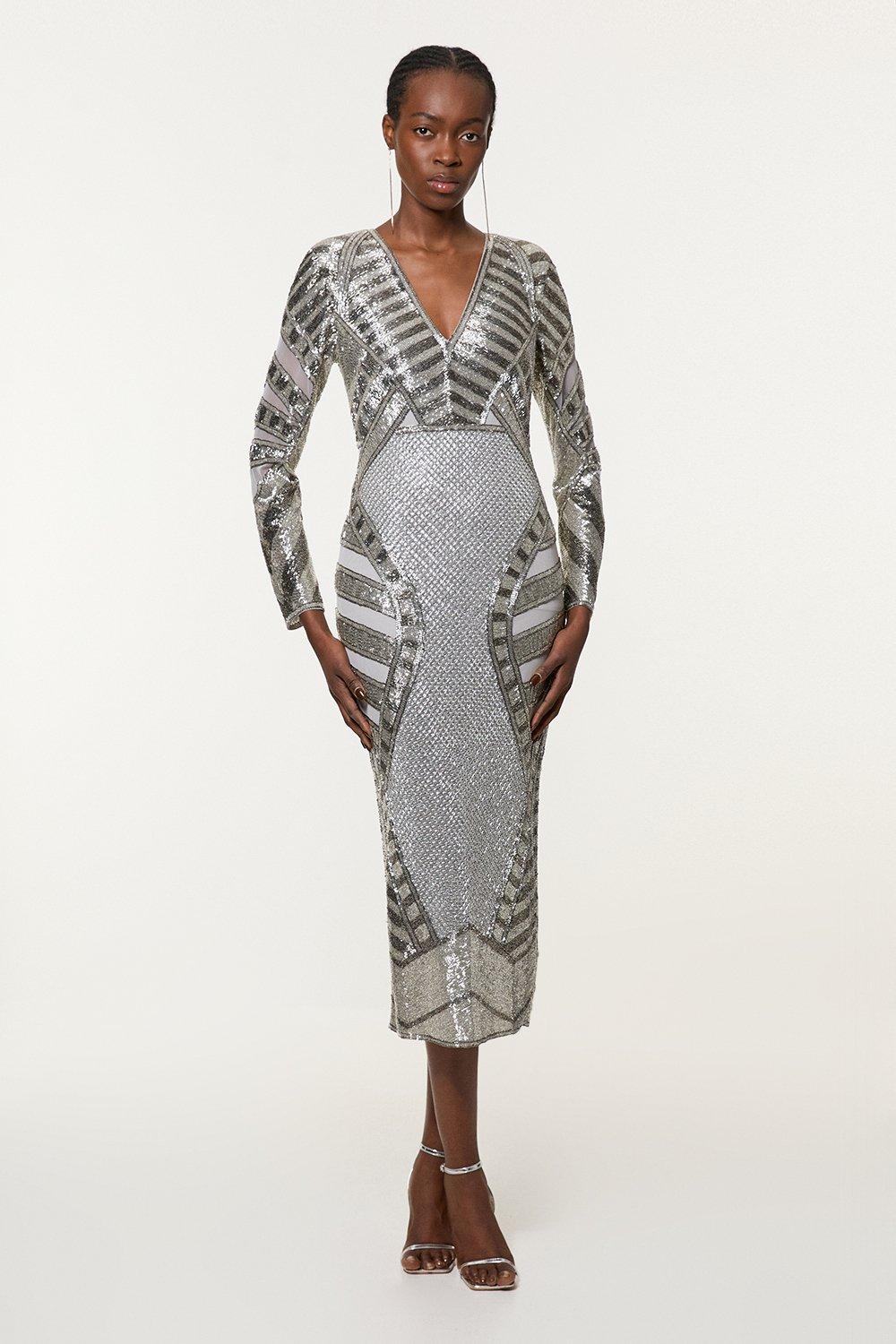 Tall Beaded Embellished Woven Maxi Dress – Silver
