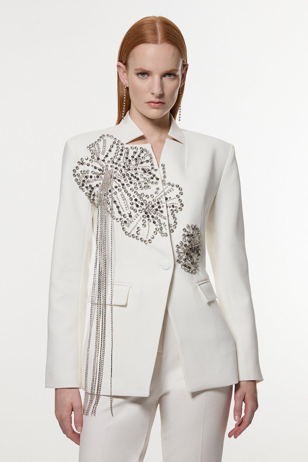 Placed Floral Crystal Embellished Tailored Blazer Jacket - Ivory