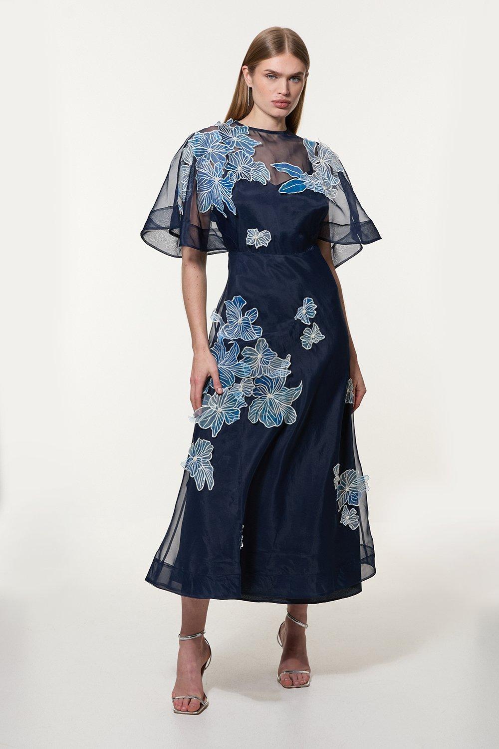 Floral Applique Woven Maxi Dress - Navy