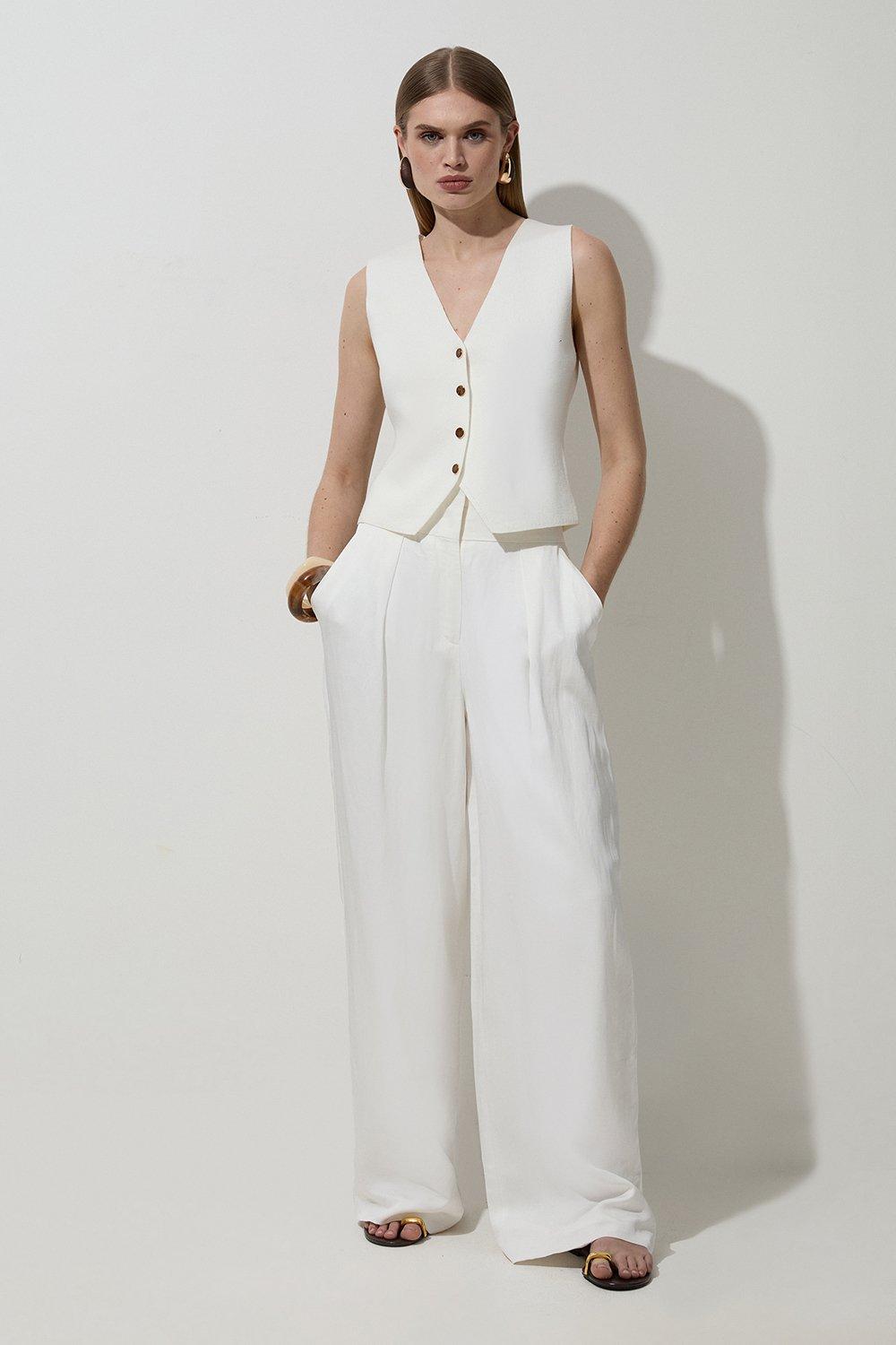 Petite Tailored Viscose Linen Wide Leg Trouser - Ivory