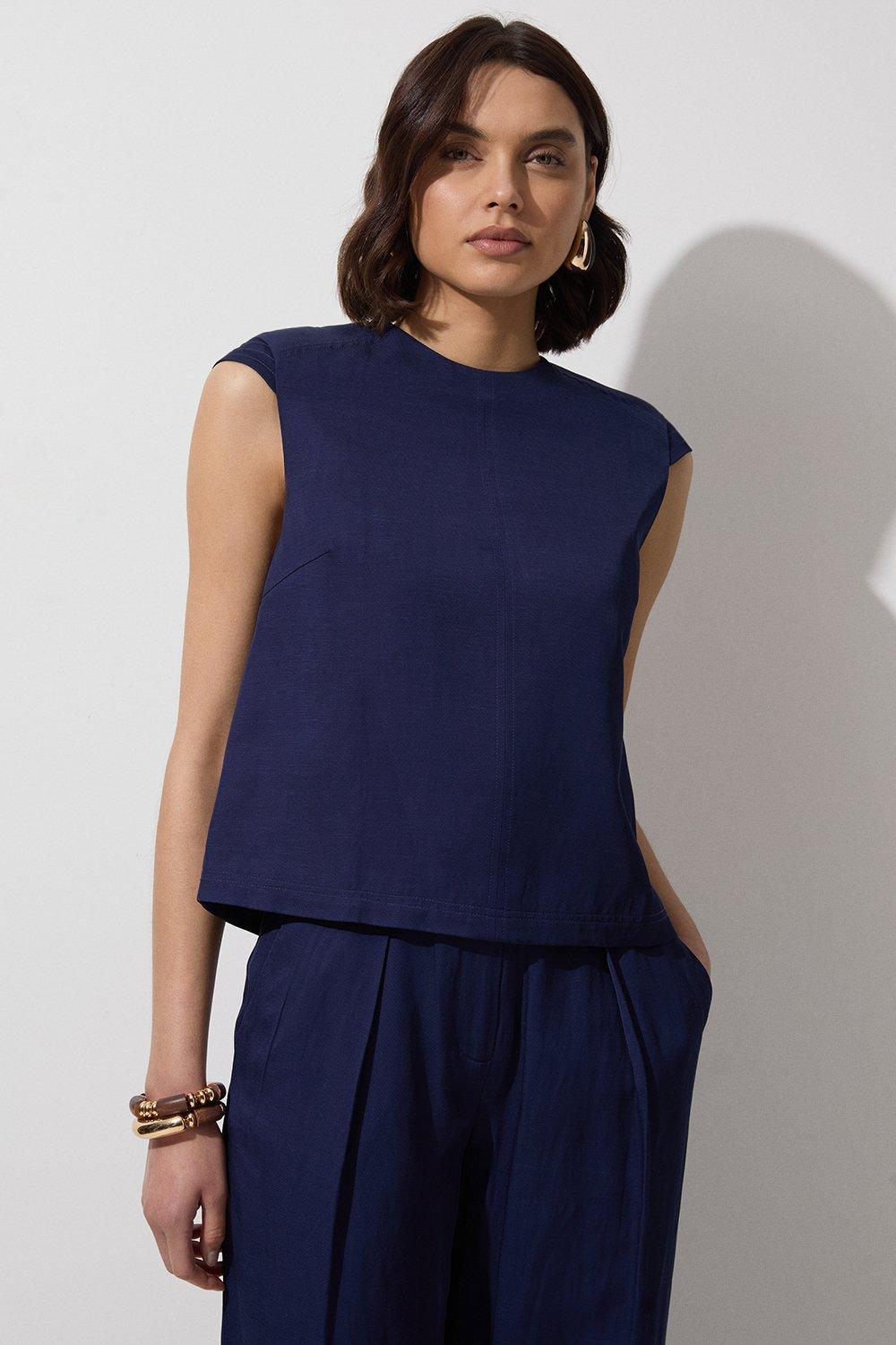 Tailored Viscose Linen Topstitch Detail Top - Navy