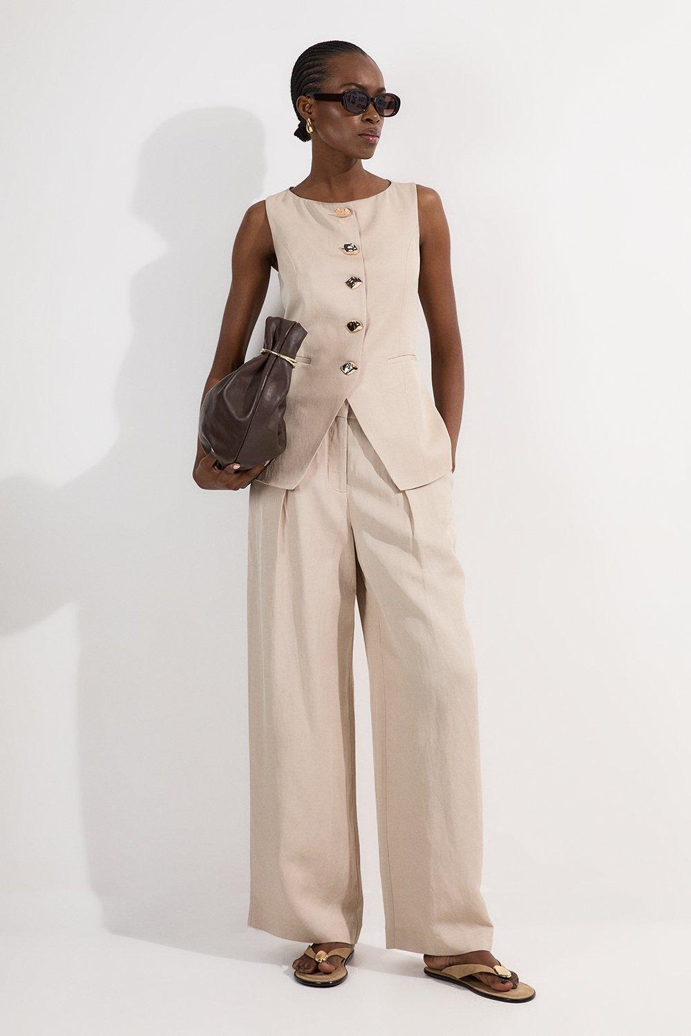 Tailored Viscose Linen Wide Leg Trouser - Champagne