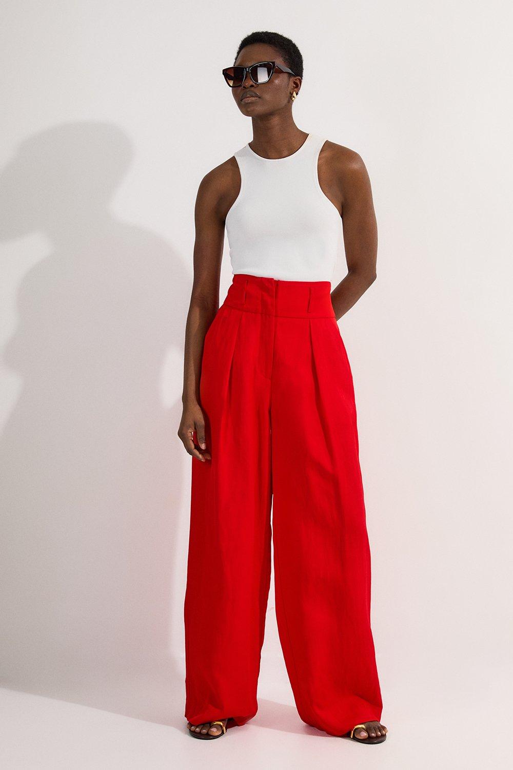 Tailored Viscose Linen Wide Leg Trouser - Red