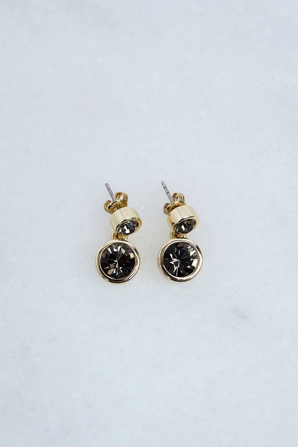 14kt Gold Plated Hand Set European Crystal Solitaire Drop Earrings - Black