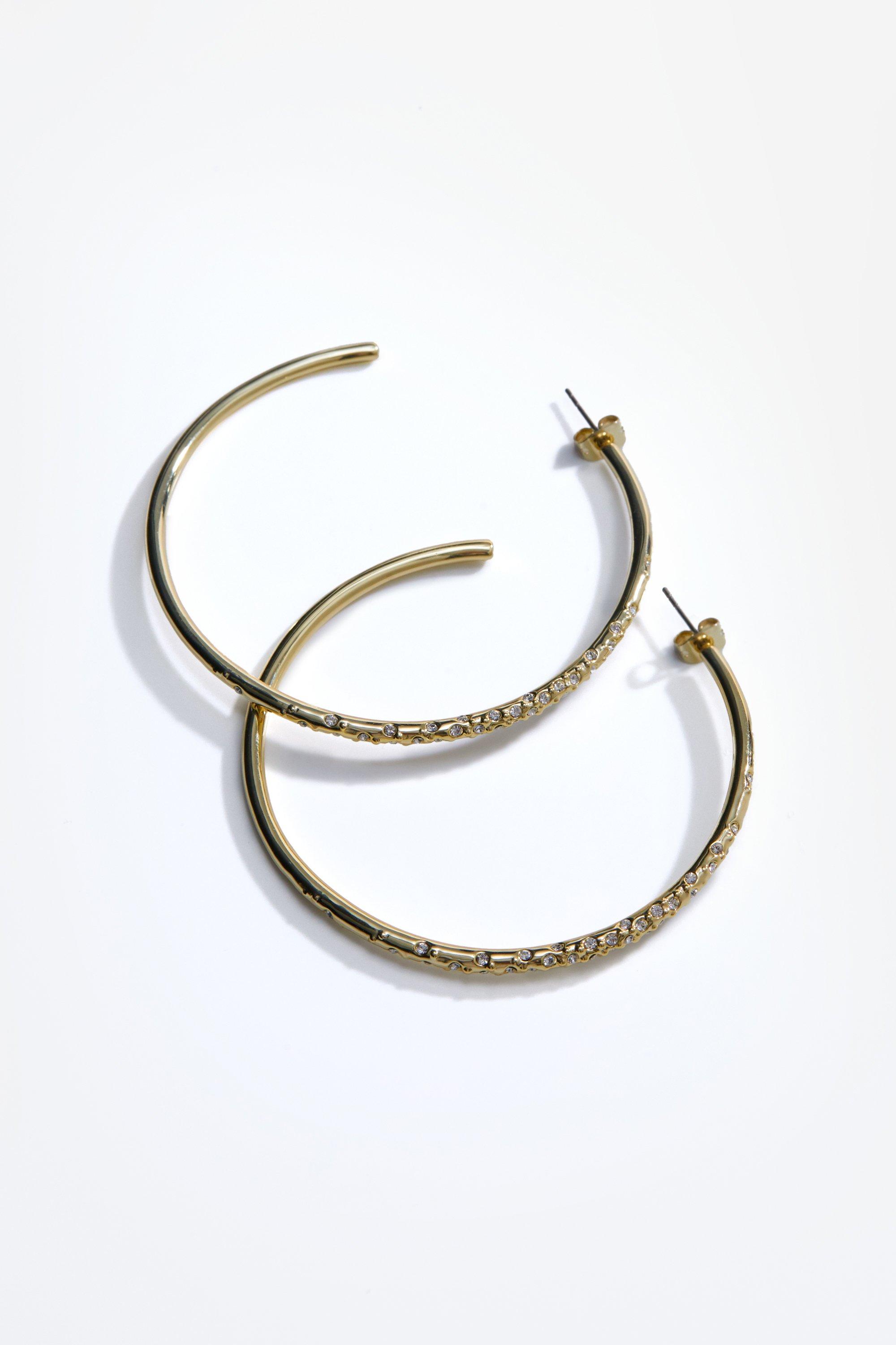 Hand Set European Crystal Sprinkle Large Hoop Earrings - Gold