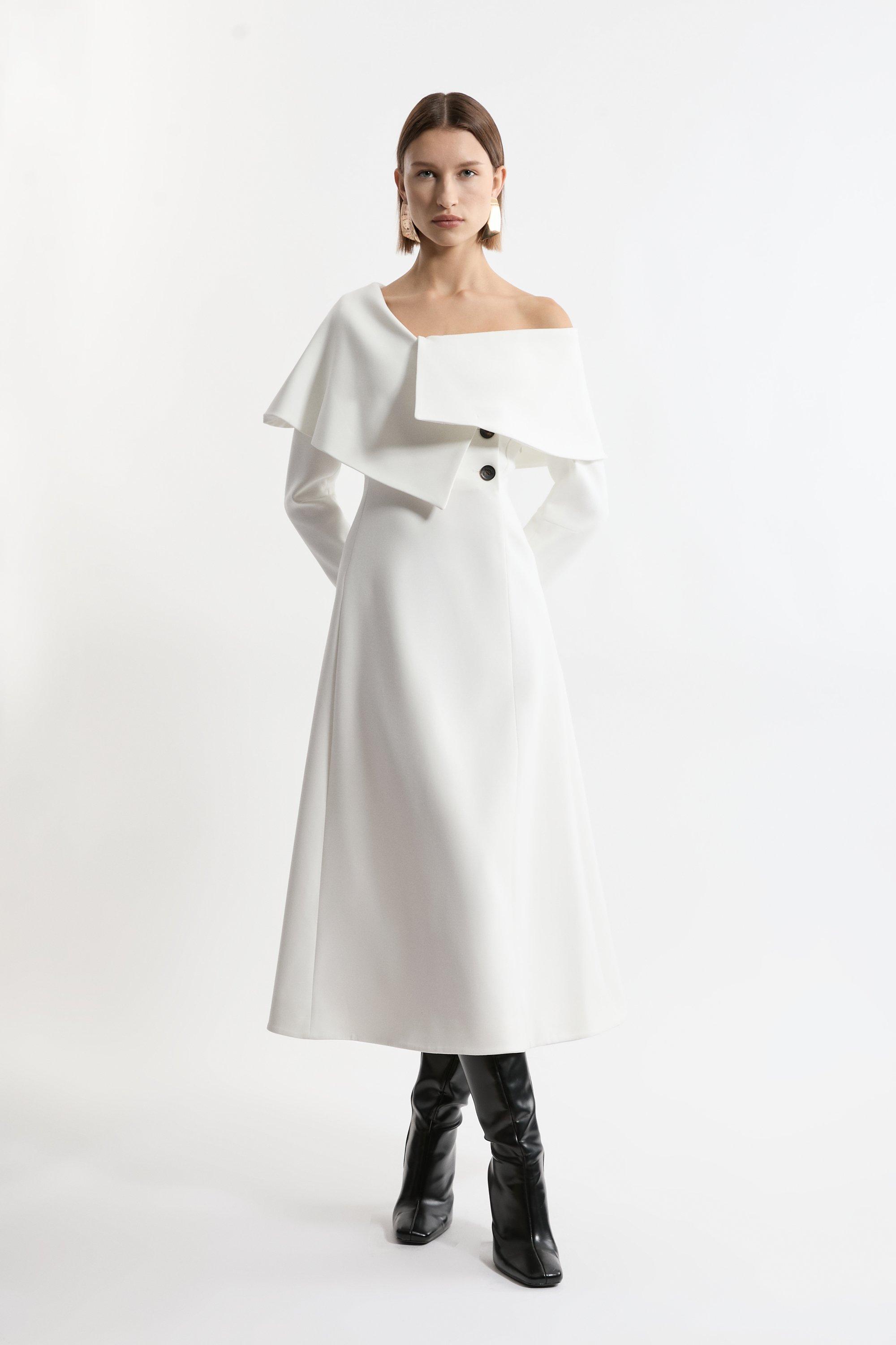 Compact Stretch Asymmetric Collar Long Sleeve Midaxi Dress - Ivory