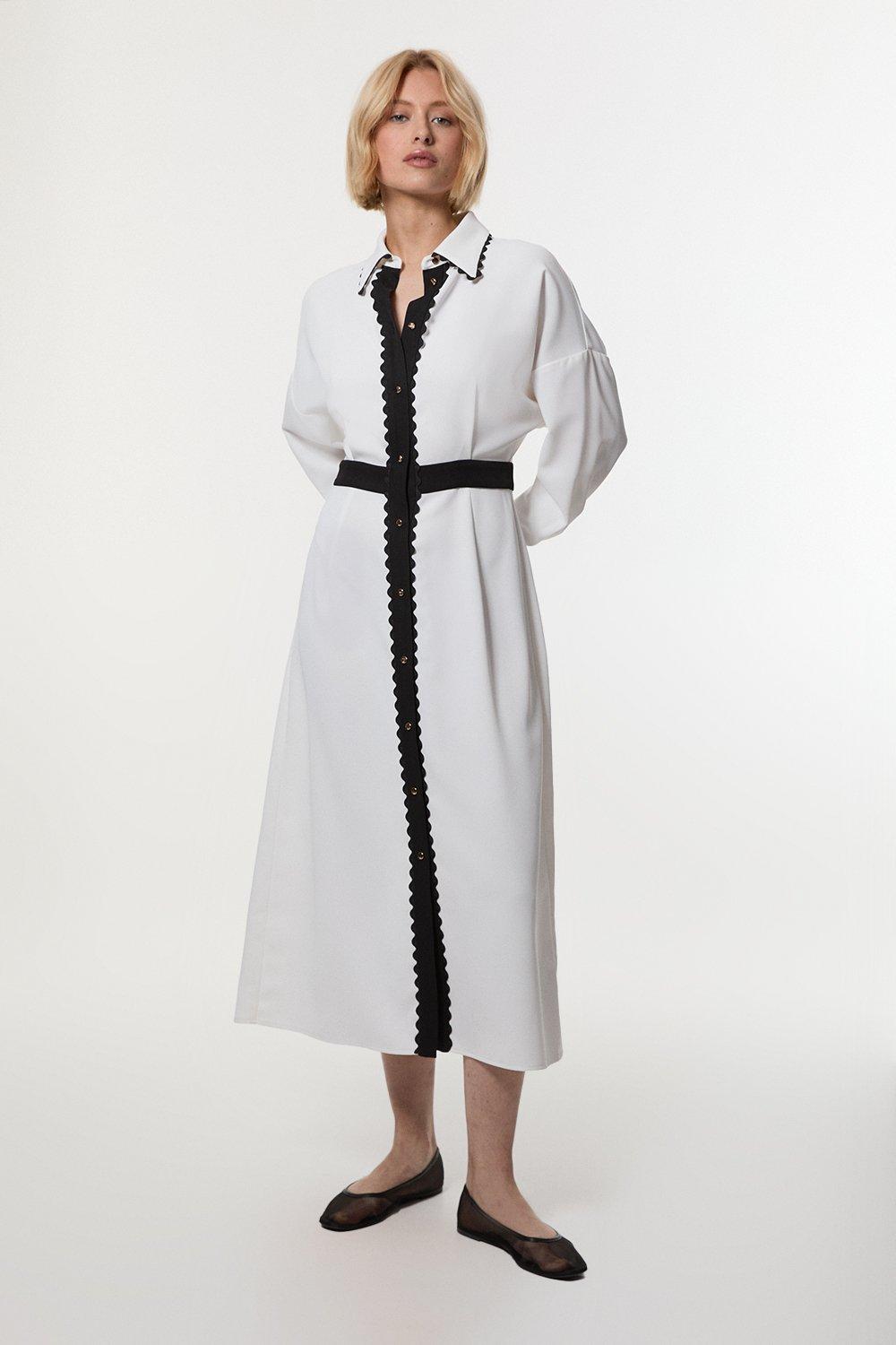 Scallop Trim Woven Crepe Shirt Dress - Ivory