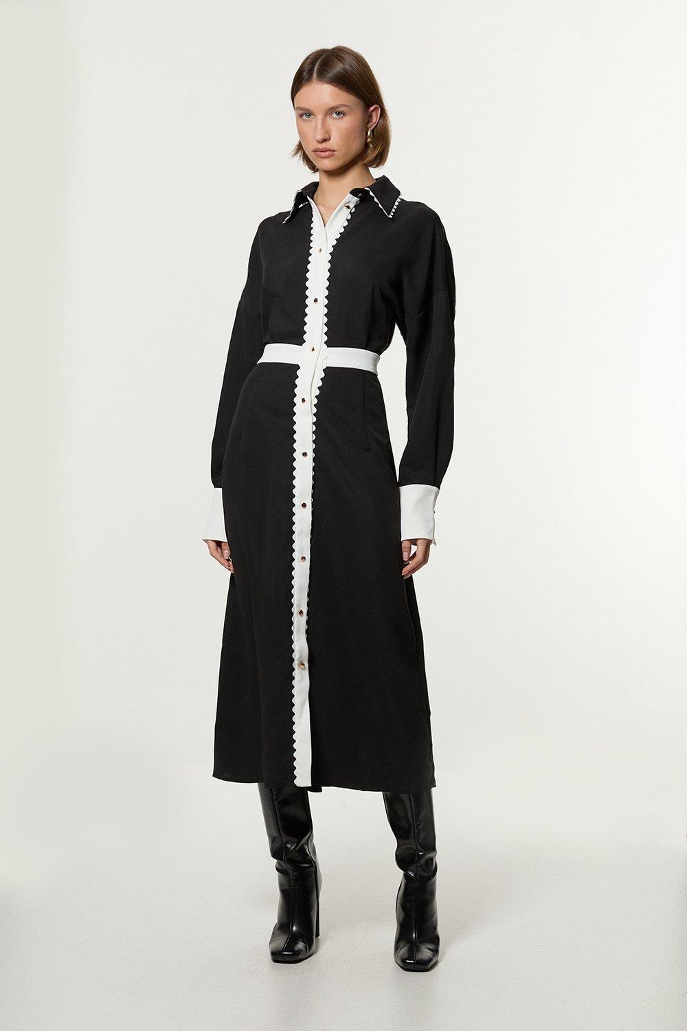 Scallop Trim Woven Crepe Shirt Dress - Mono