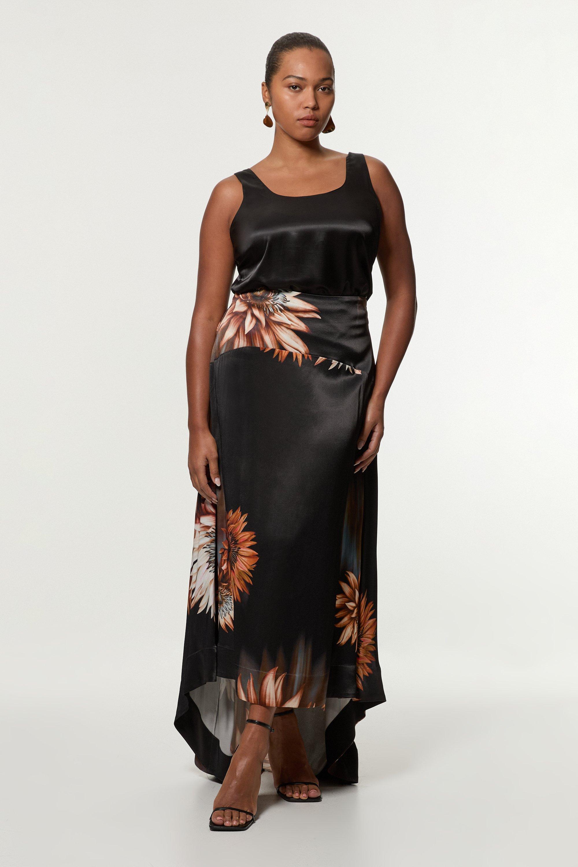 Plus Size Viscose Satin Printed Panelled Train Maxi Skirt - Floral