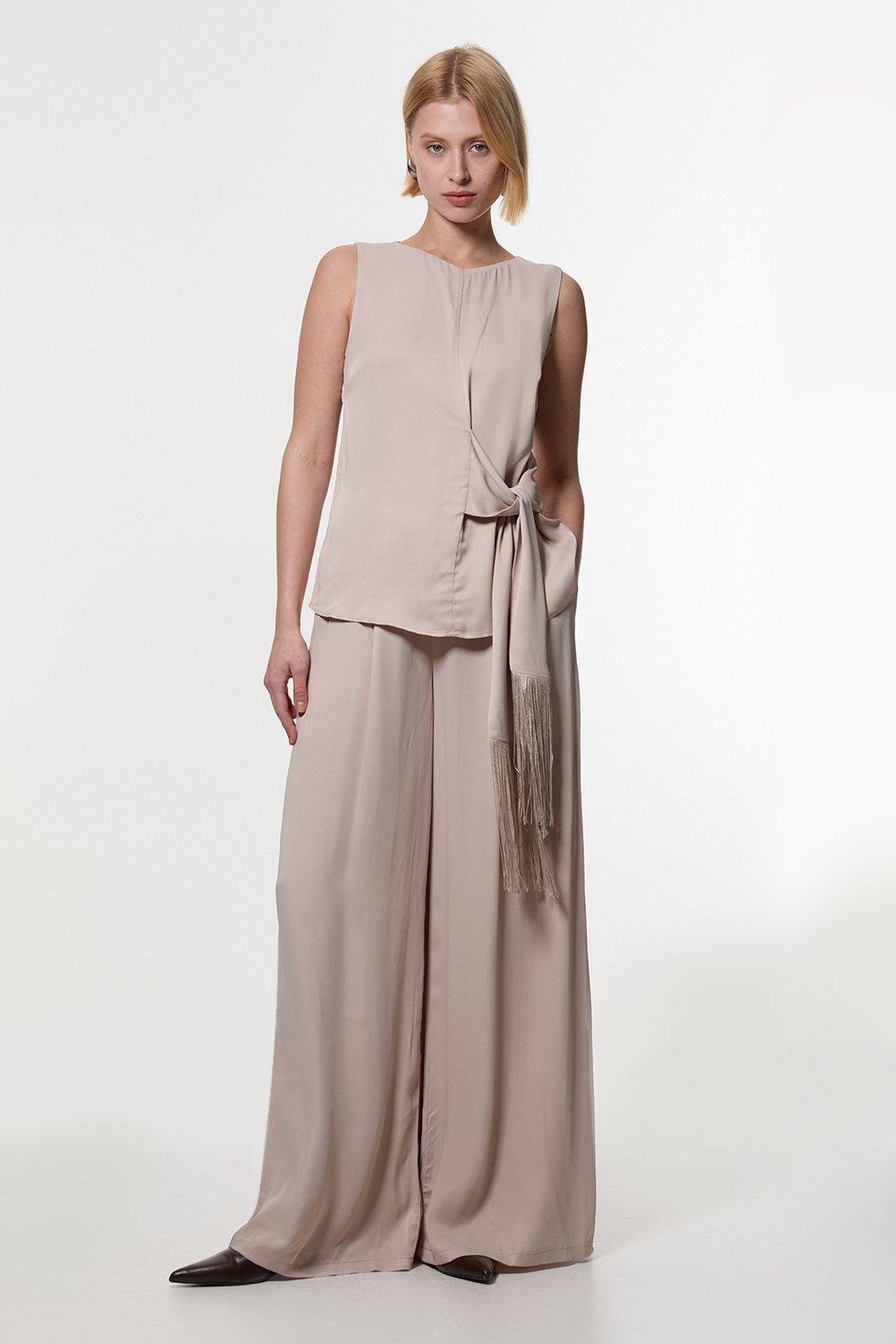 Viscose Satin Wide Leg Woven Trouser - Silver