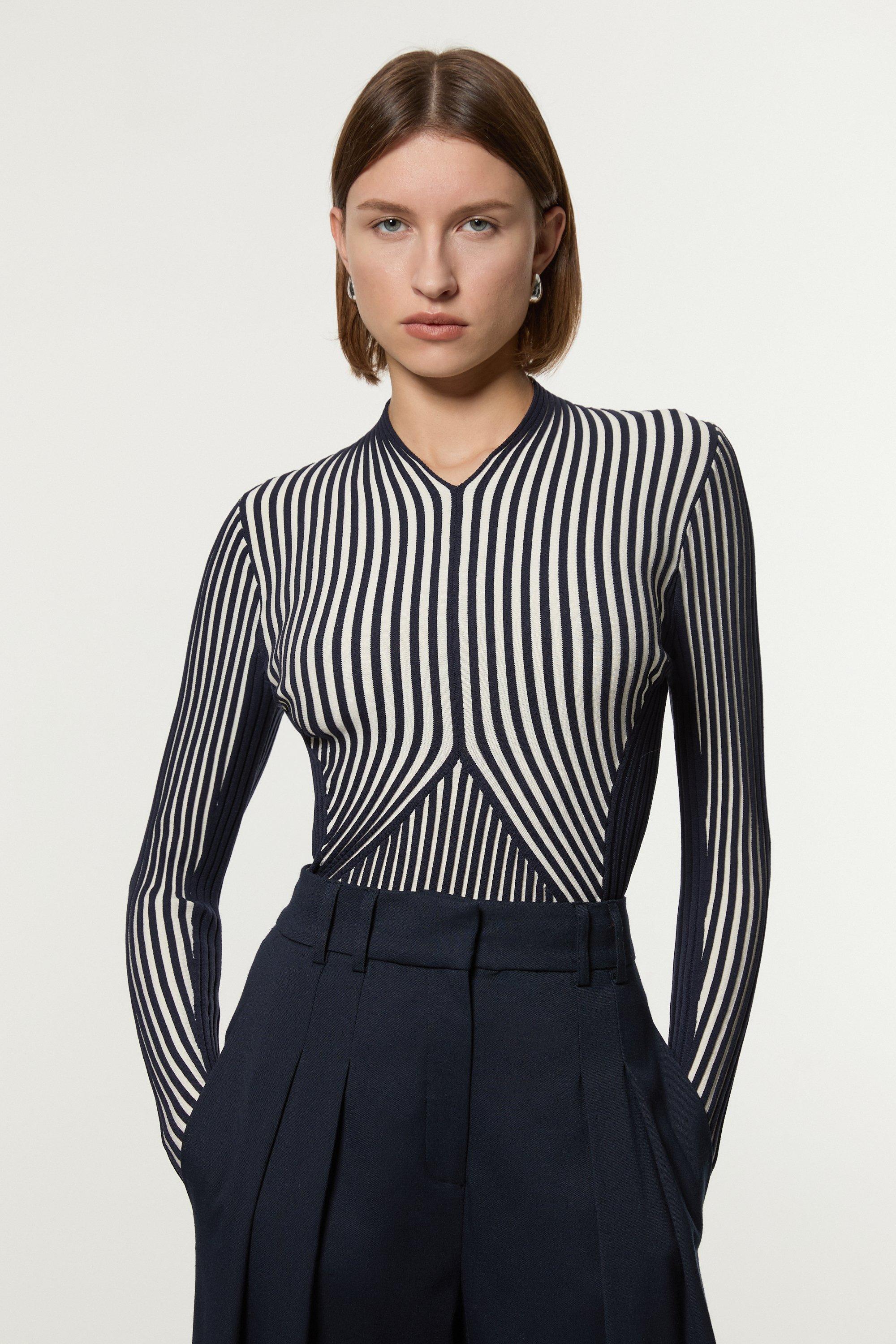 Stripe Fitted Long Sleeve Knitted Top - Navy