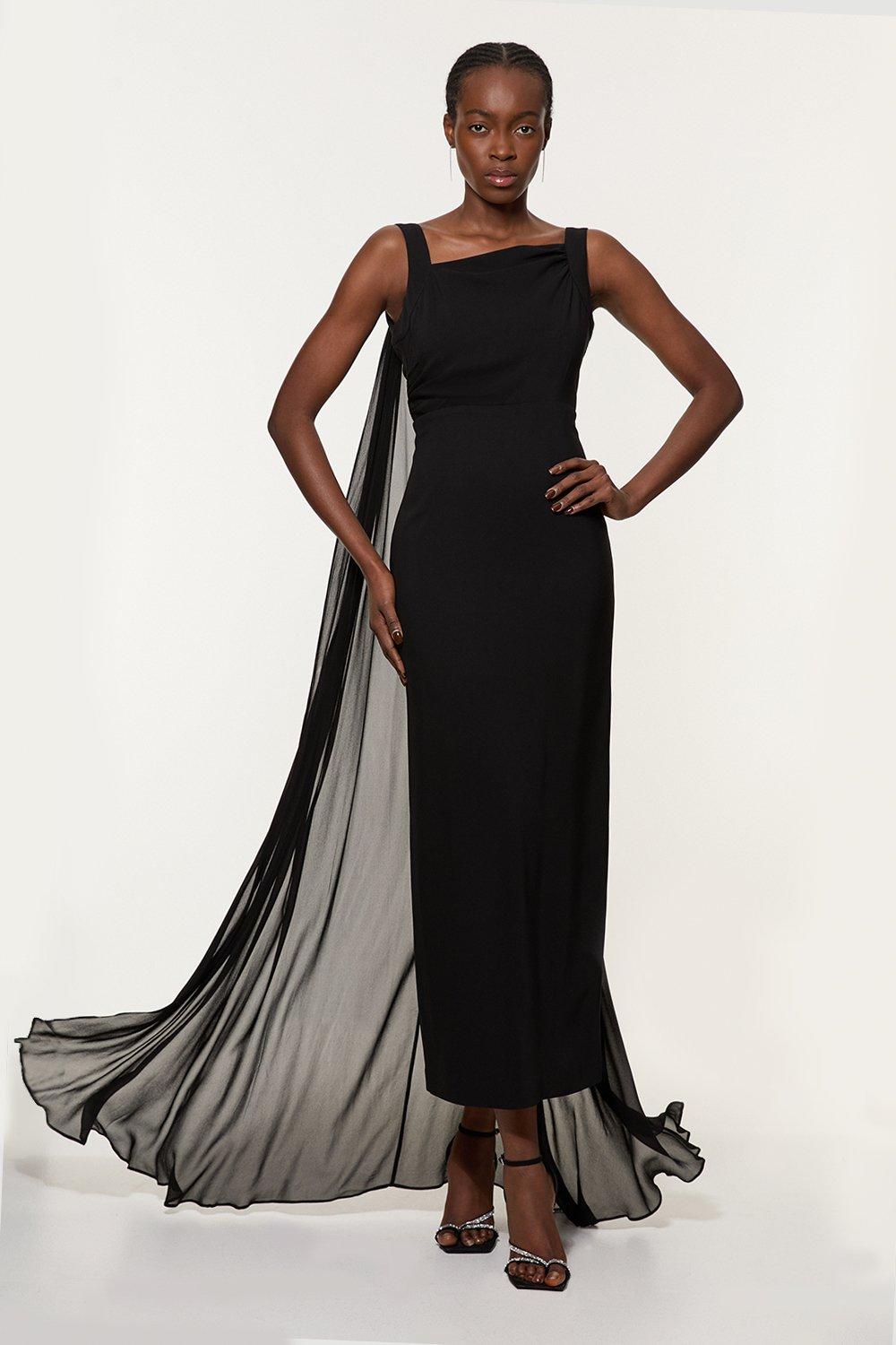 Viscose Cady Backless Bodycon Maxi Dress With Detachable Viscose Georgette Cape - Black
