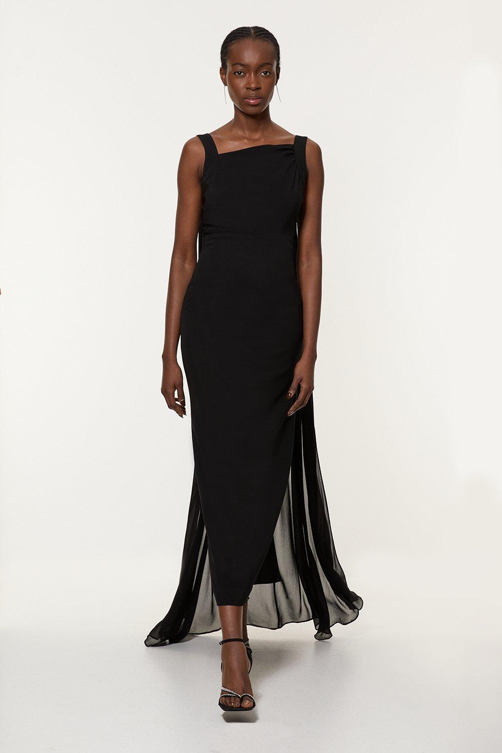 Petite Viscose Cady Backless Bodycon Maxi Dress With Detachable Viscose Georgette Cape - Black