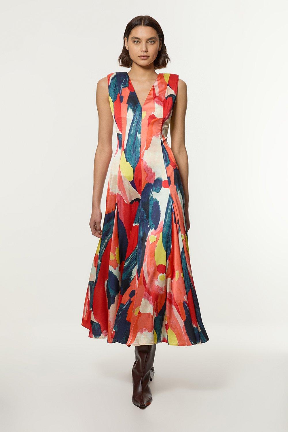 Satin Print V Neck Woven Maxi Dress