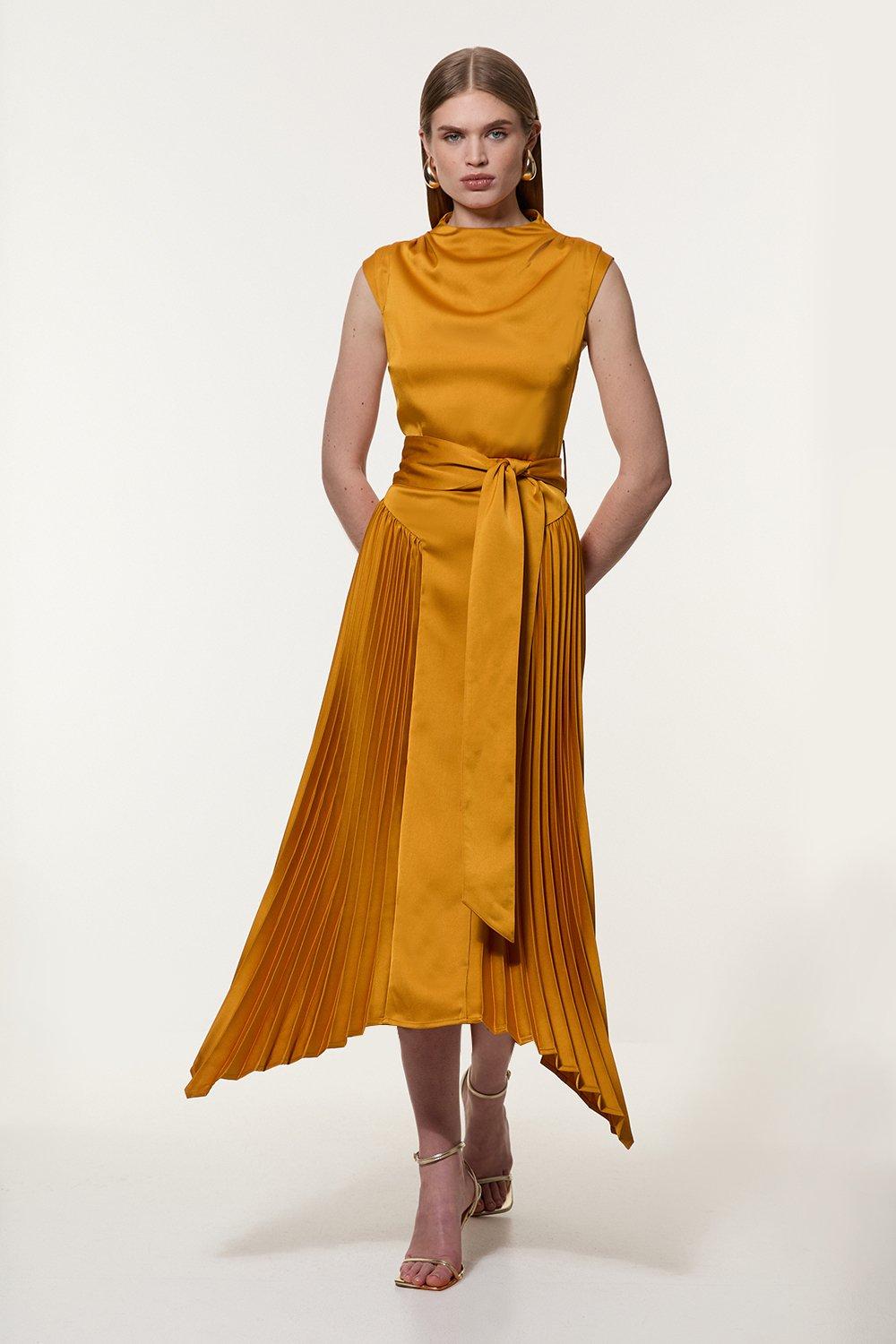 Satin Back Crepe Pleat Woven Midi Dress - Marigold
