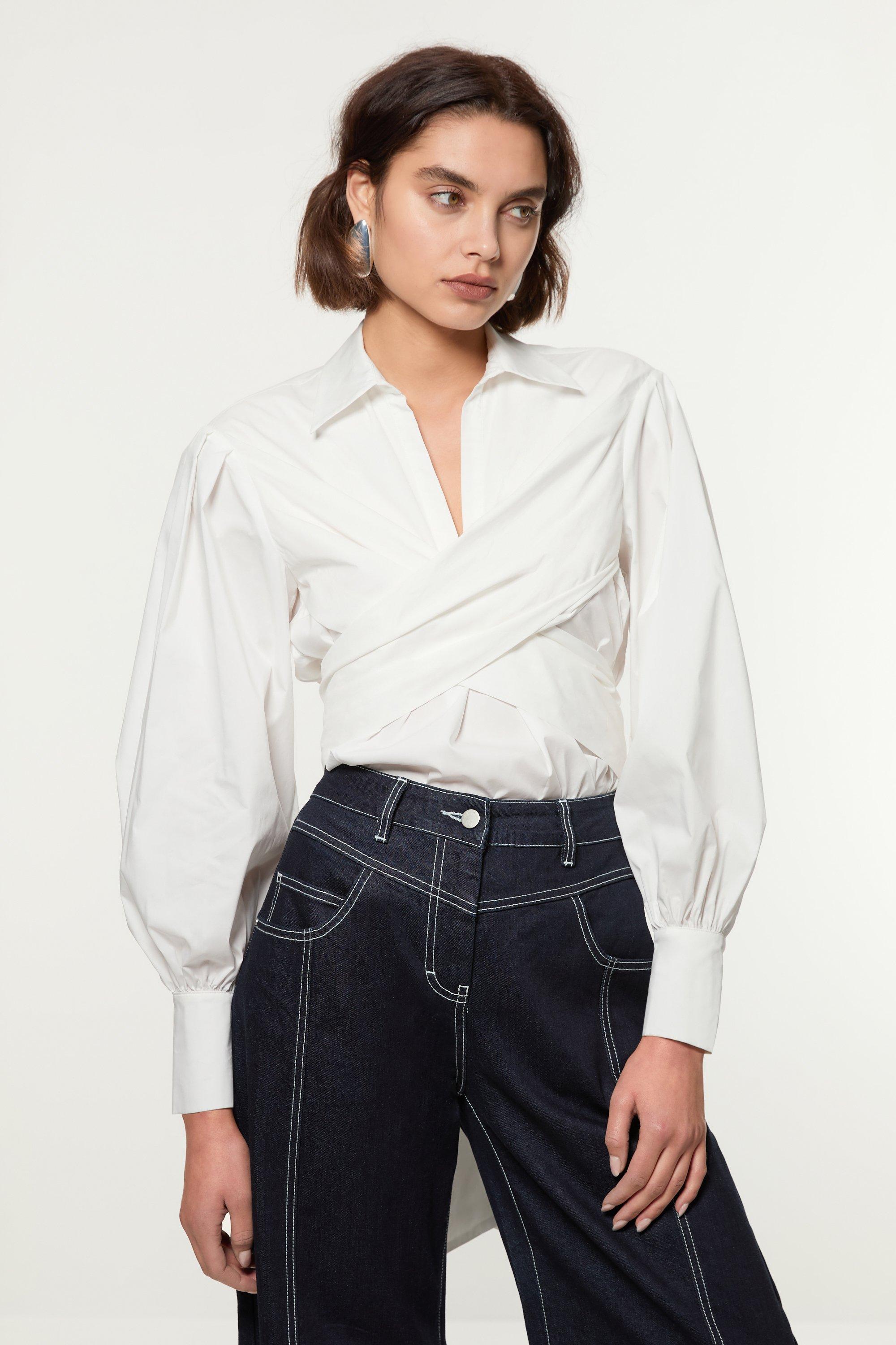 Tall Cotton Poplin Drama Sleeve Woven Wrap Detail Blouse - White