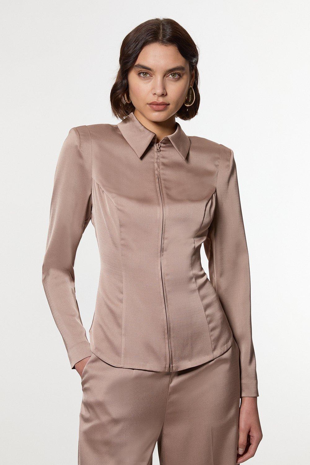 Satin Back Crepe Strong Shoulder Woven Zip Front Blouse - Mocha