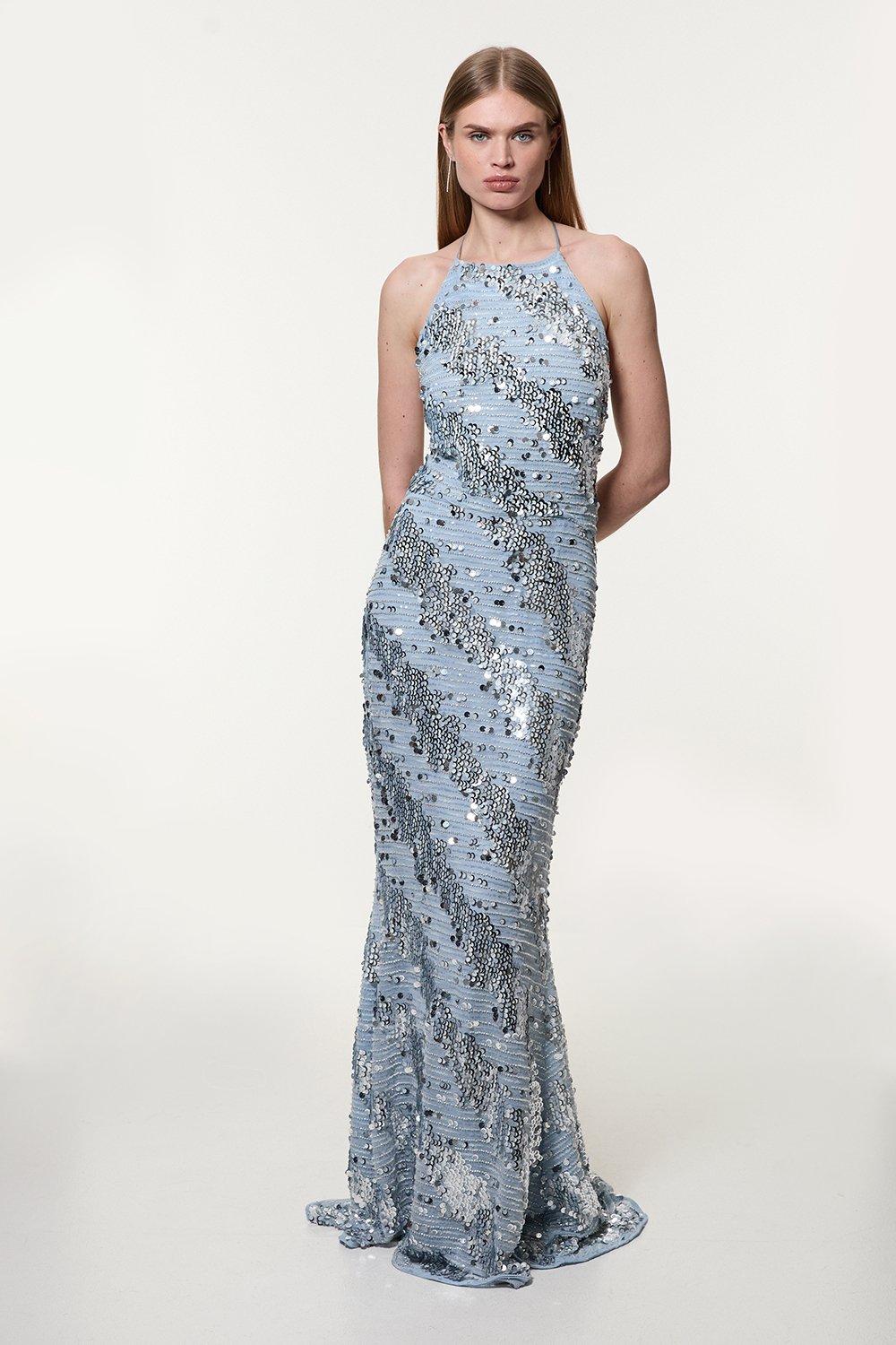 Placed Sequin Fishtail Maxi Dress - Blue